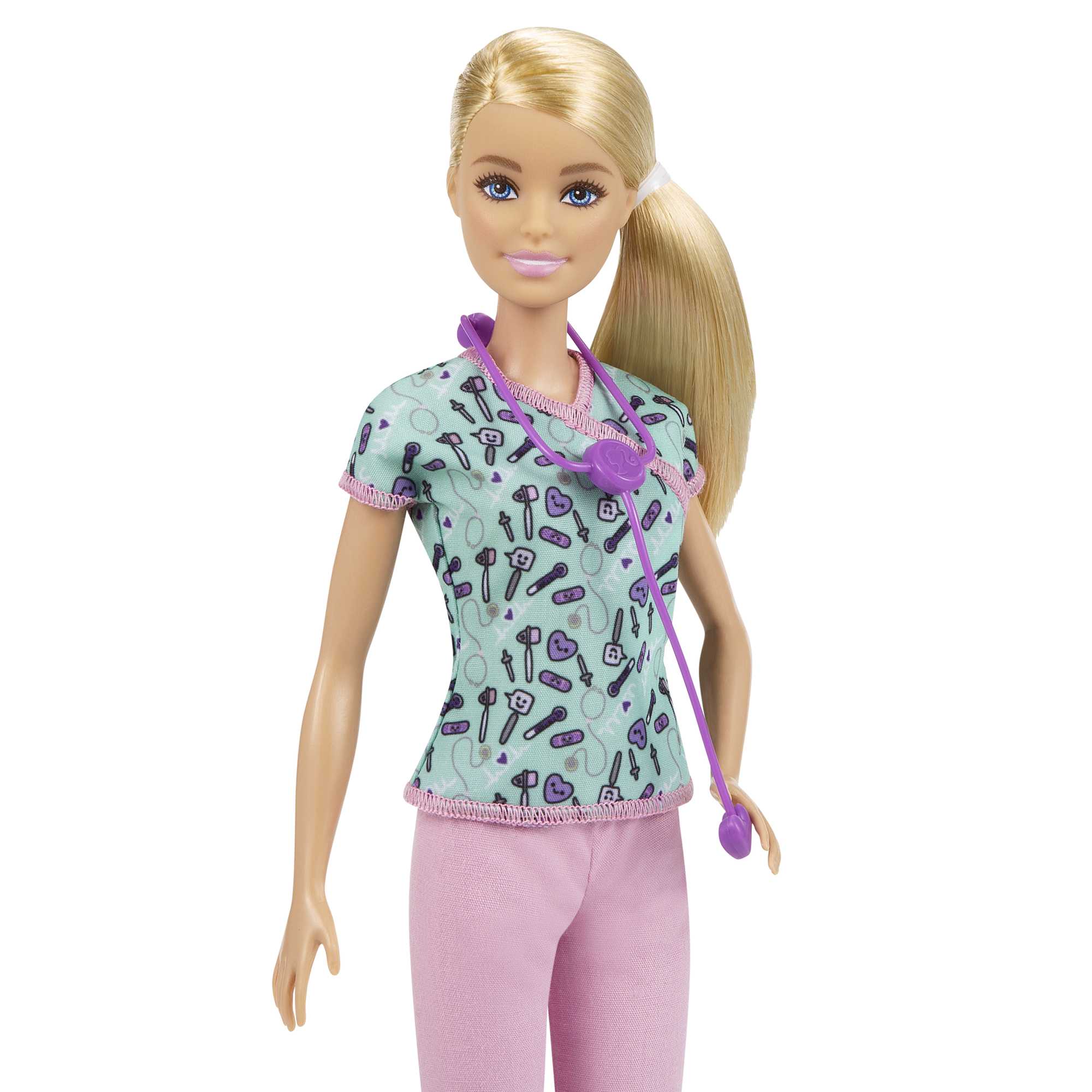 Barbie Nurse Fashion Doll Dressed in Medical Scrubs. White Shoes & Stethoscope Accessory - Image 3