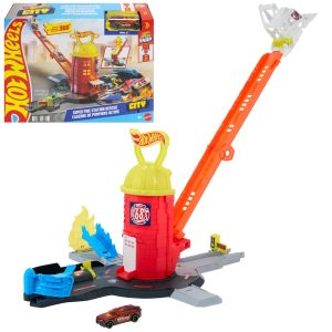 Hot Wheels City Super Fire Station Rescue Playset & 1:64 Scale Toy Car. Track Extends 16