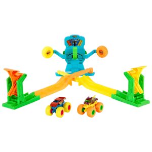 Hot Wheels Monster Trucks Neon Crashin' Slamway Playset With 2 Toy Vehicles. 2 Ways To Play