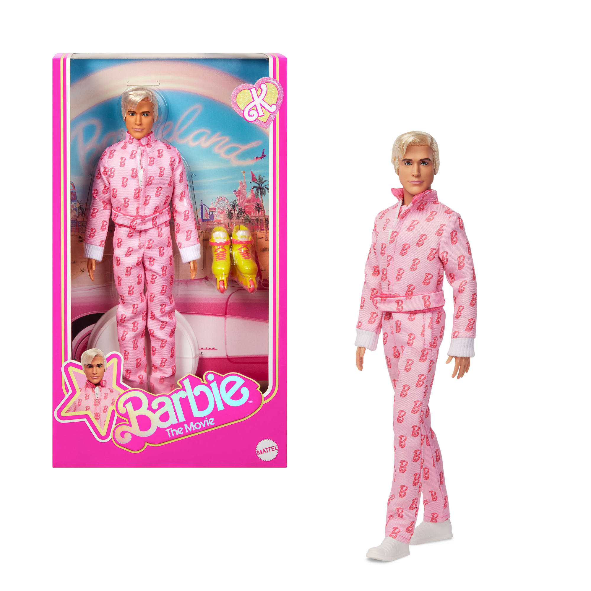 Barbie The Movie Ken Collectible Doll. Ryan Gosling As Ken Wearing Pink Jumpsuit With B Detail