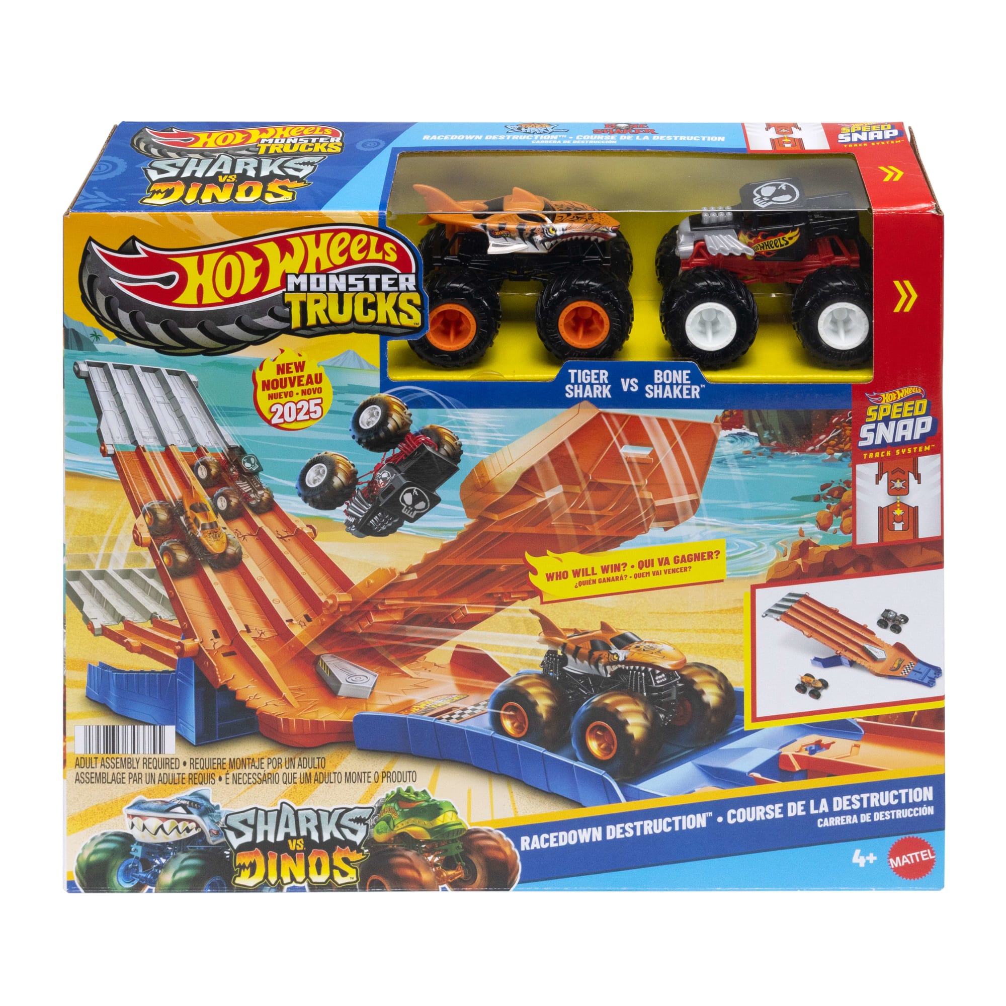 Hot Wheels Monster Trucks Sharks vs Dinos Racedown Destruction Track Set & 2 1:64 Scale Toy Trucks - Image 6
