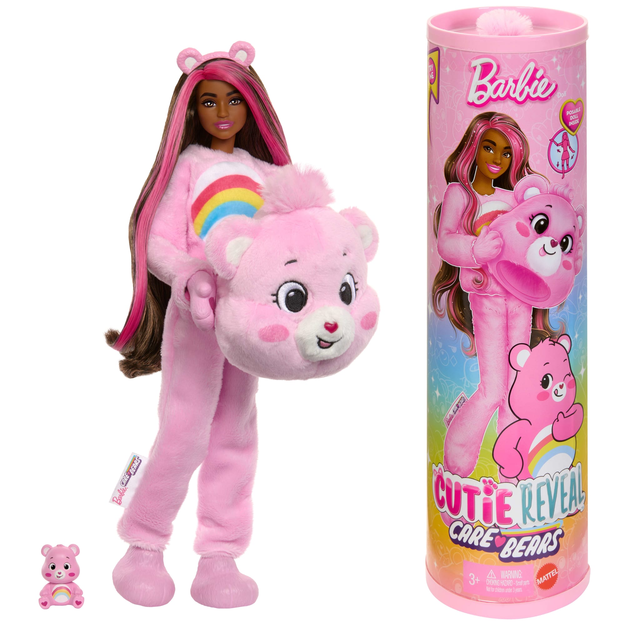 Barbie Cutie Reveal Care Bears Series Doll & Accessories in Cheer Bear Plush Costume. 10 Surprises
