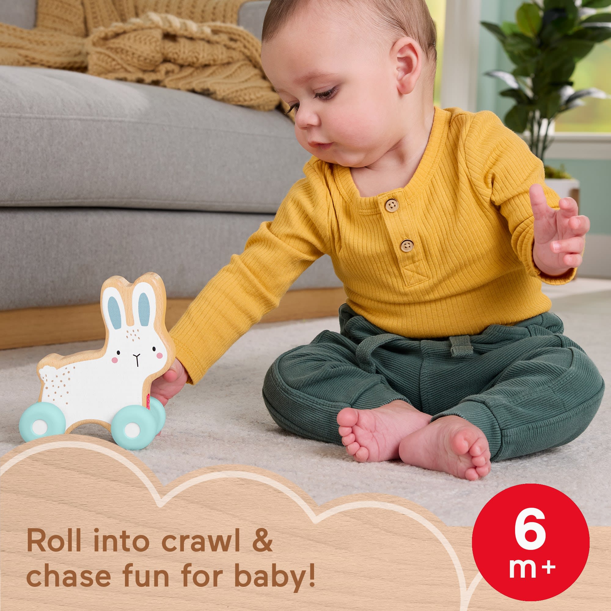 Fisher-Price Wooden Push-Along Bunny Toy Vehicle For Baby Crawling Play. 1 Wood Piece - Image 2