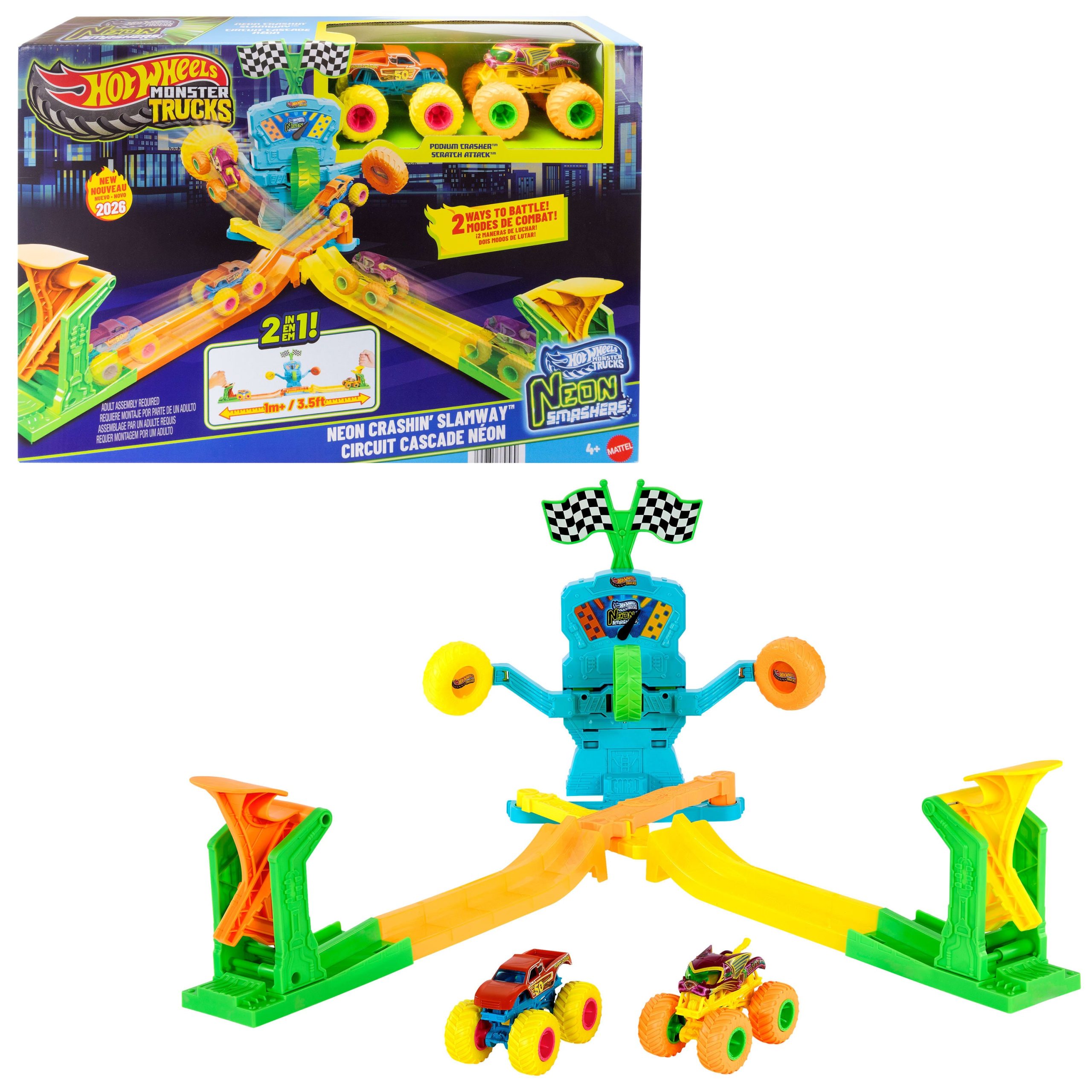 Hot Wheels Monster Trucks Neon Crashin' Slamway Playset With 2 Toy Vehicles. 2 Ways To Play