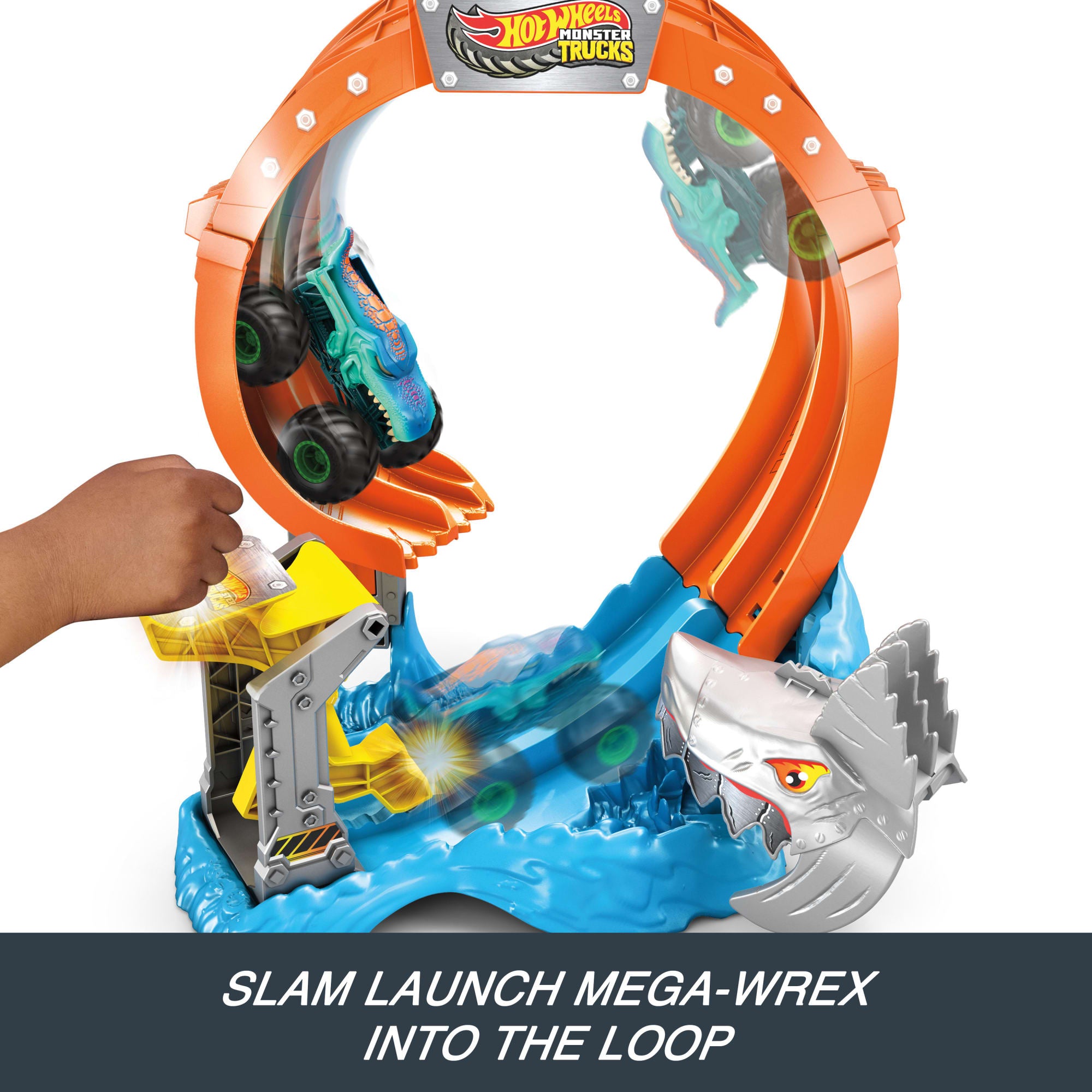 Hot Wheels Monster Trucks Corkscrew Shark Smash Track Set & 1:64 Scale MEGA-Wrex Toy Truck - Image 3