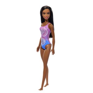 Beach Barbie Doll With Dark Brown Hair Wearing Tropical Purple Swimsuit
