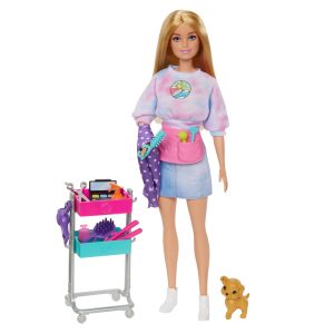 Barbie Malibu Stylist Doll & 14 Accessories Playset. Hair & Makeup Theme With Puppy & Styling Cart