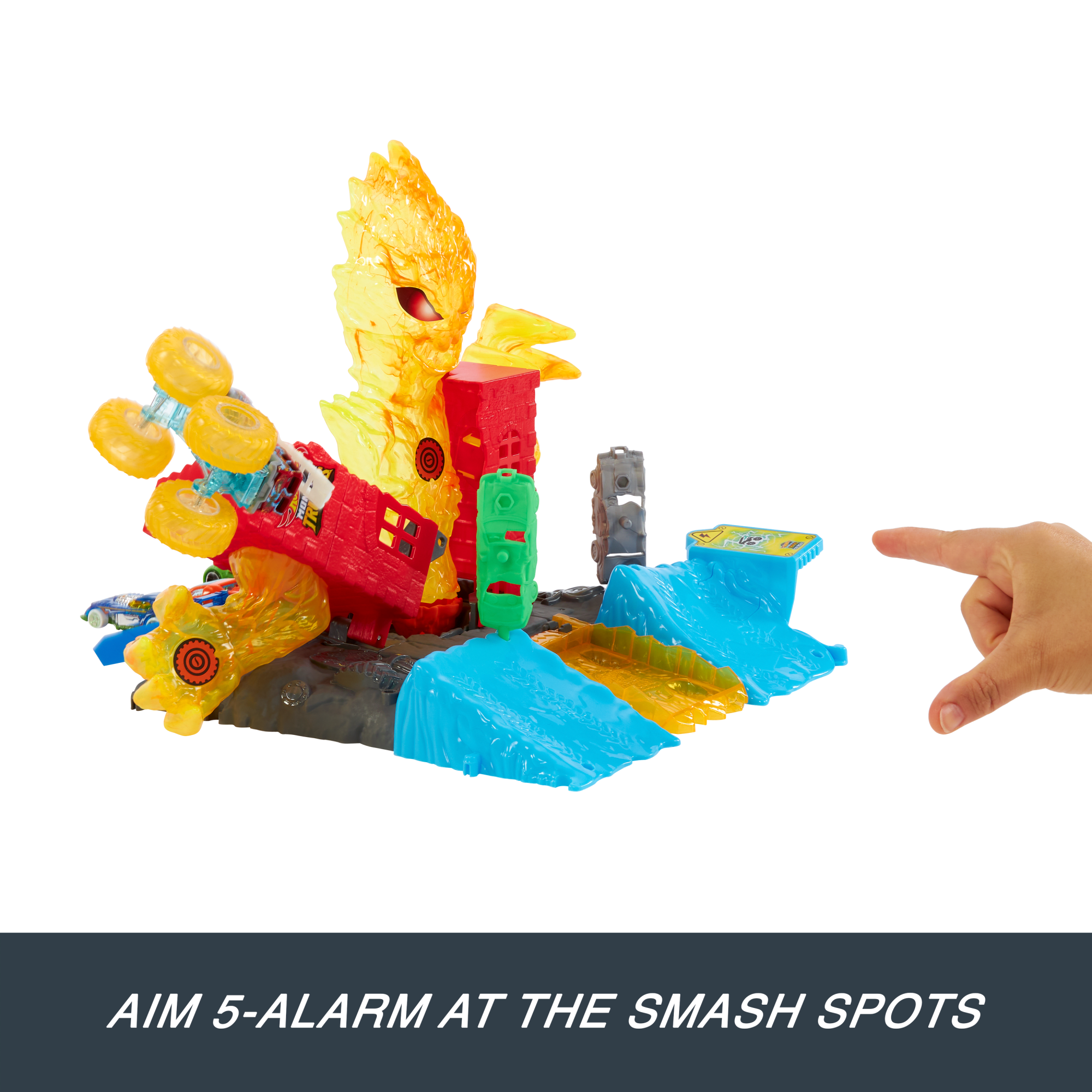 Hot Wheels Monster Trucks Power Smashers 5-Alarm Torch Tower Takedown Playset With 1:64 Scale Toy Truck & 2 Crushed Cars - Image 3
