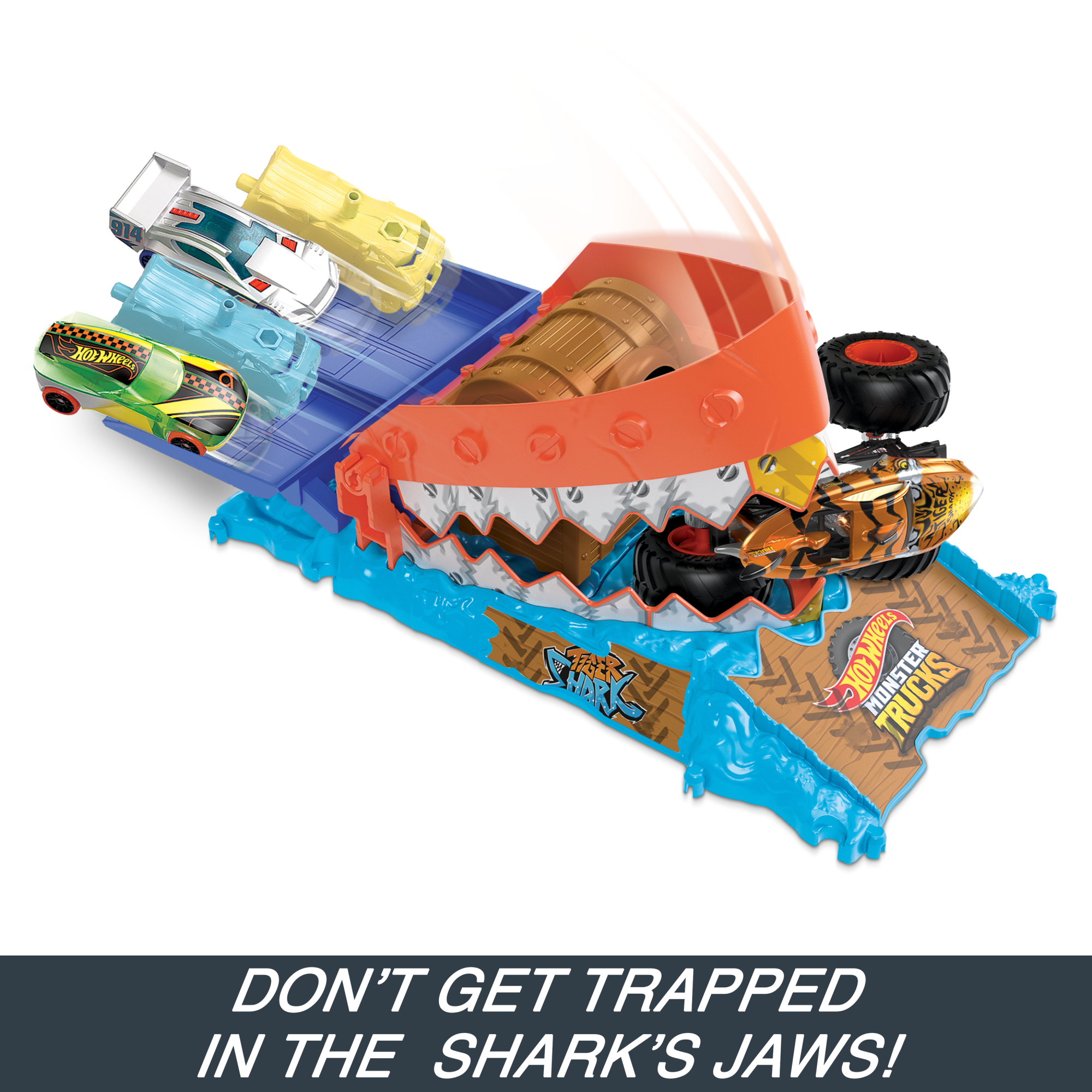 Hot Wheels Monster Trucks Arena Smashers Treasure Chomp Challenge Playset With 1:64 Scale Tiger Shark Toy Truck & Crushed Car - Image 4