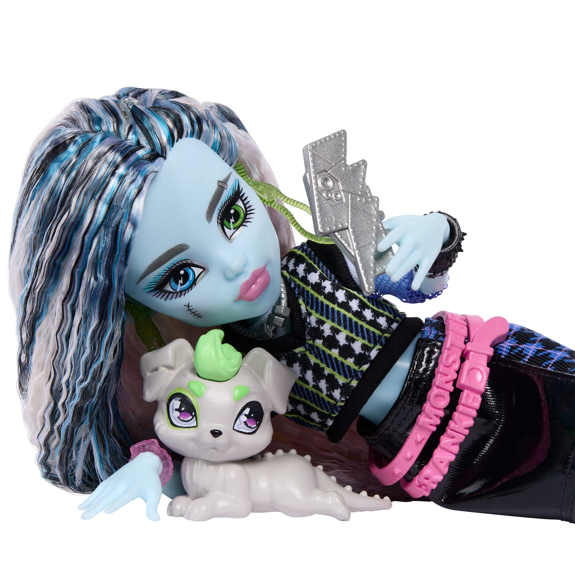 Monster High Frankie Stein Fashion Doll in Black Pleather Skirt With Pet Watzie And 7 Accessories - Image 2