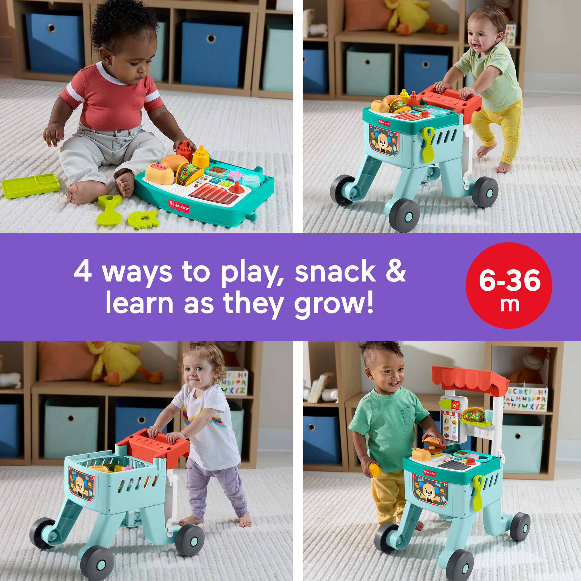 Fisher-Price Laugh & Learn 4-in-1 Snack Cart Walker Baby & Toddler Learning Toy. 14 Play Pieces. Multilanguage Version - Image 2