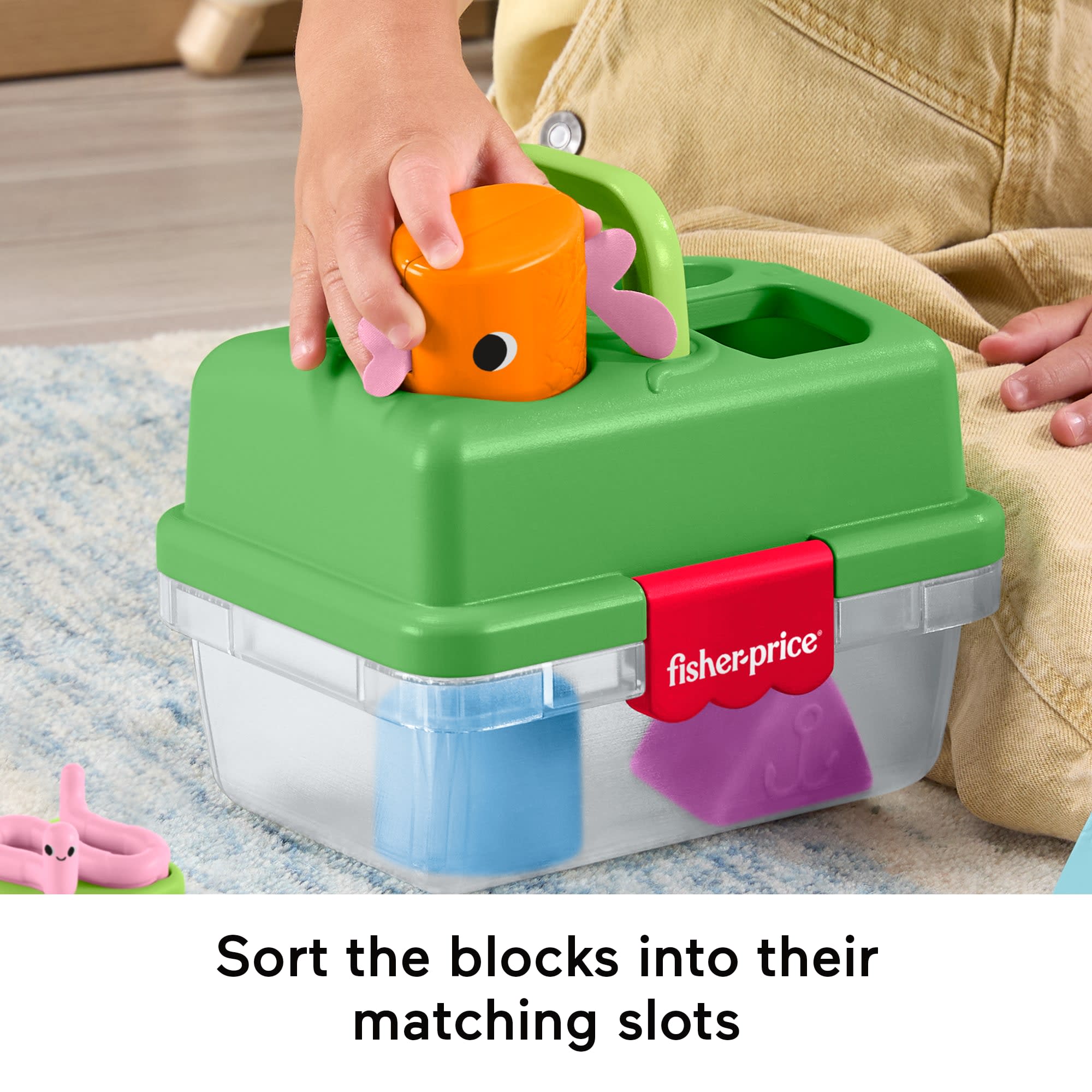 Fisher-Price Friendship Forest Sort & Store Tackle Box Baby Toy With 6 Shape Blocks & Fishing Net - Image 3