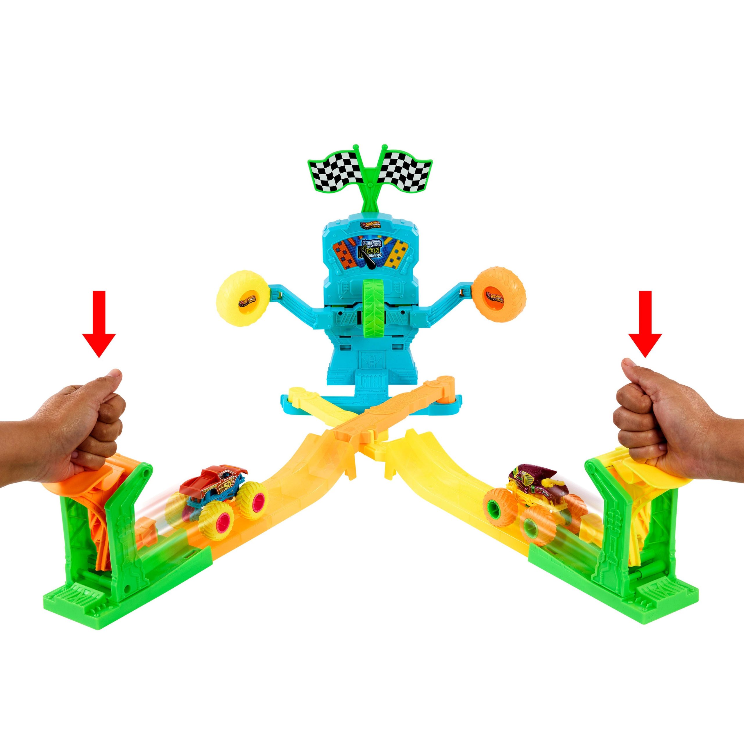 Hot Wheels Monster Trucks Neon Crashin' Slamway Playset With 2 Toy Vehicles. 2 Ways To Play - Image 2