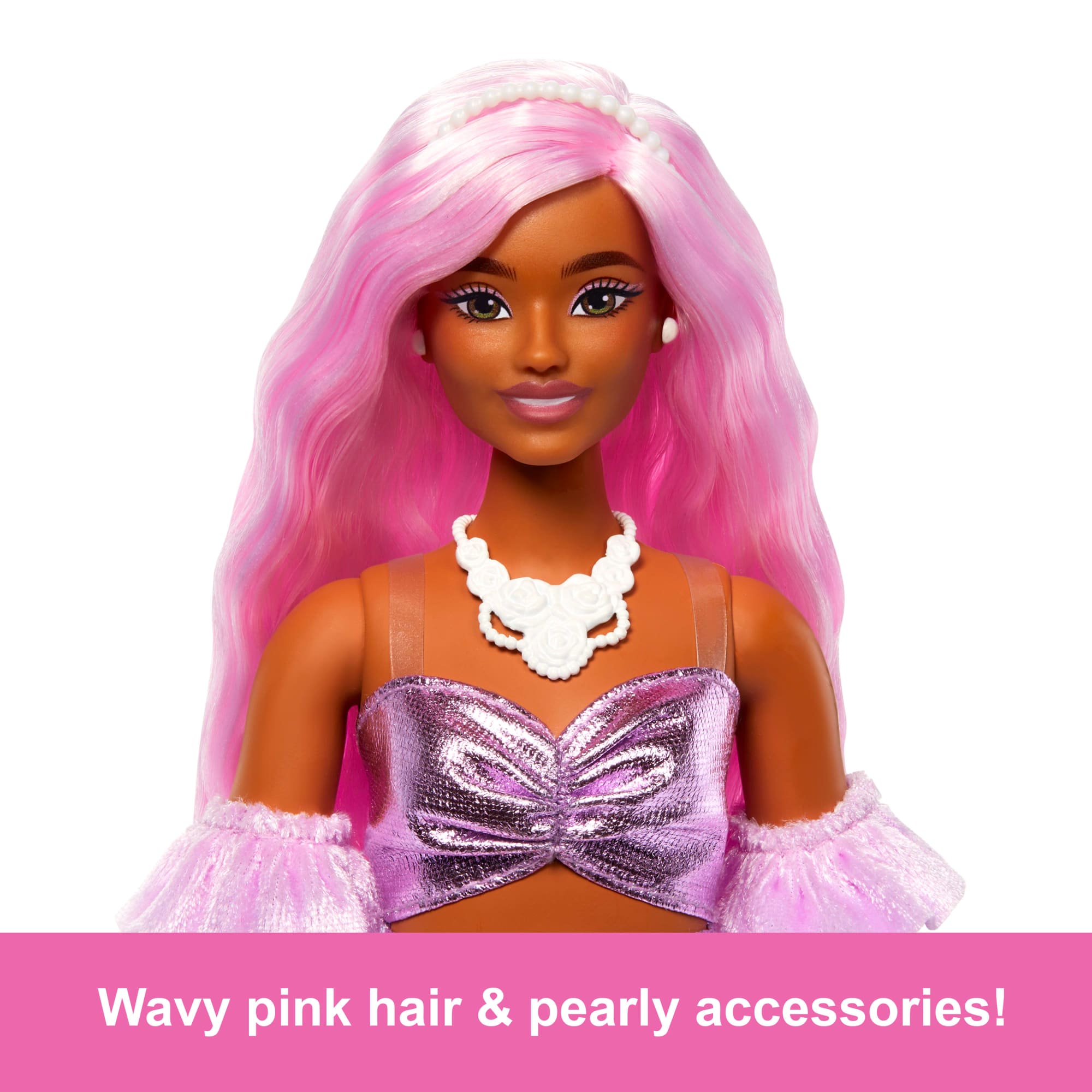 Barbie Deluxe Style Doll #1 in Glossy Pink Barbiecore Dress With Velvet Gloves. Pink Hair - Image 4