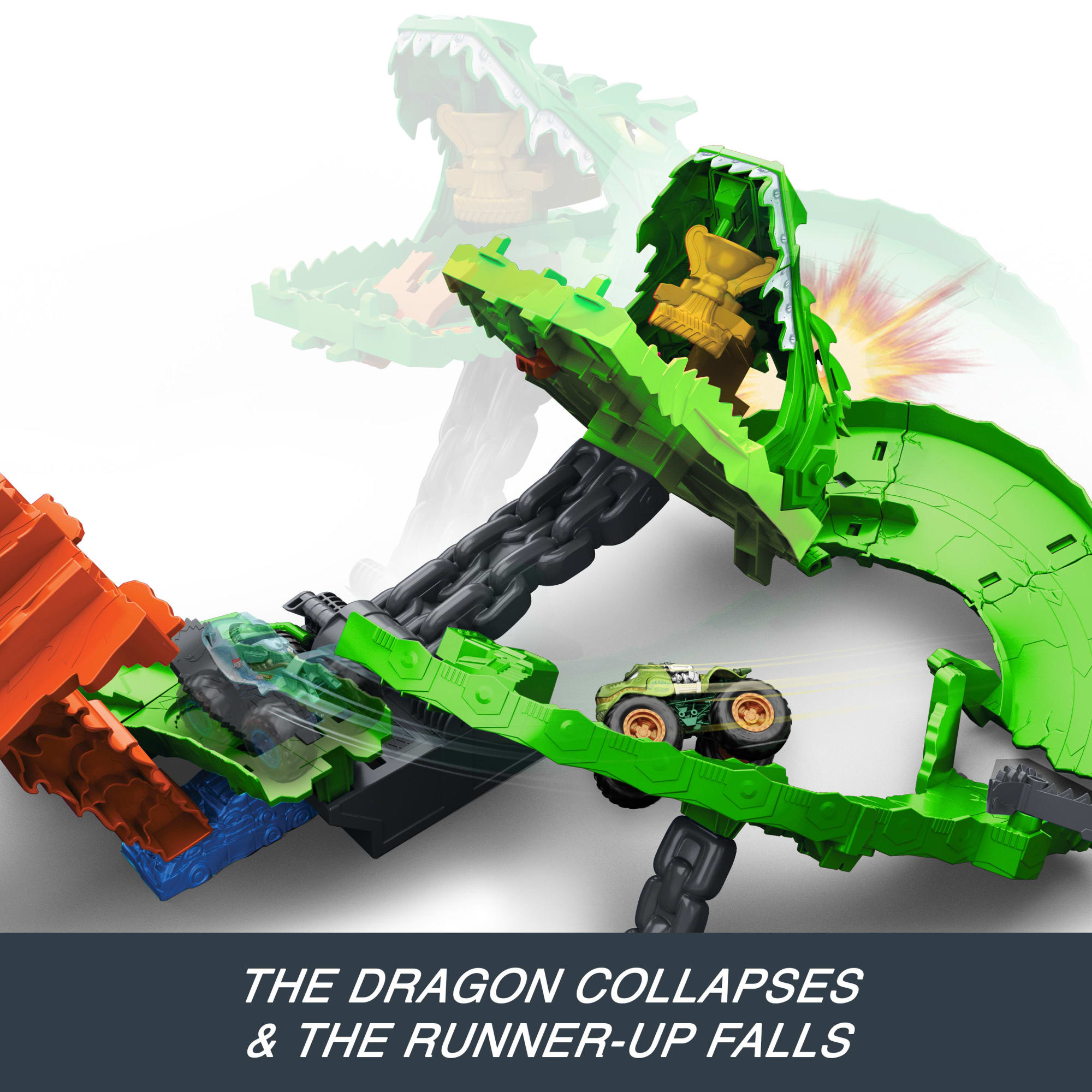 Hot Wheels Monster Trucks Sharks vs Dinos Dragon Destruction Playset & 2 Toy Trucks - Image 5