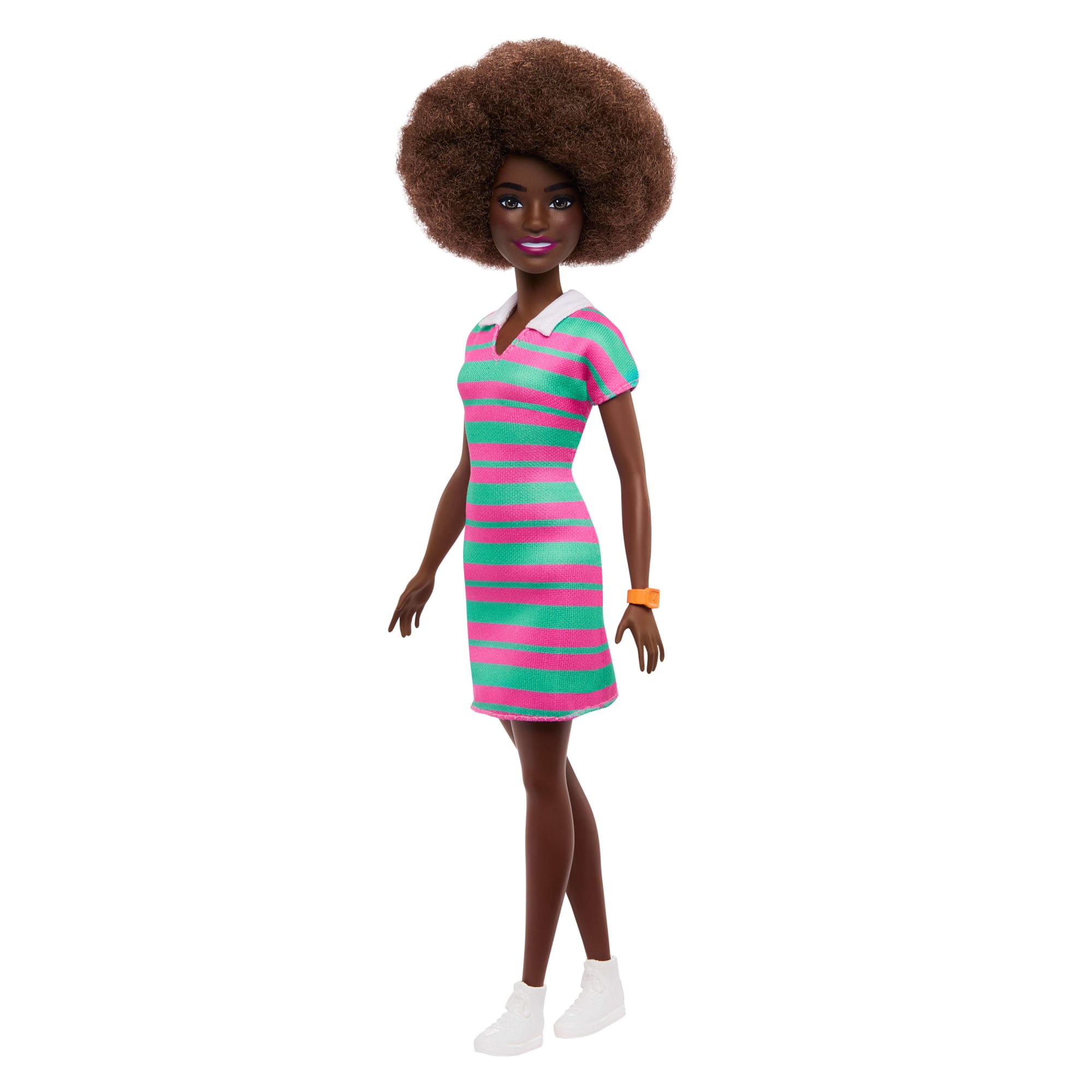Barbie Fashionistas Doll #247 With Pink And Green Striped Dress. Curly Black Hair