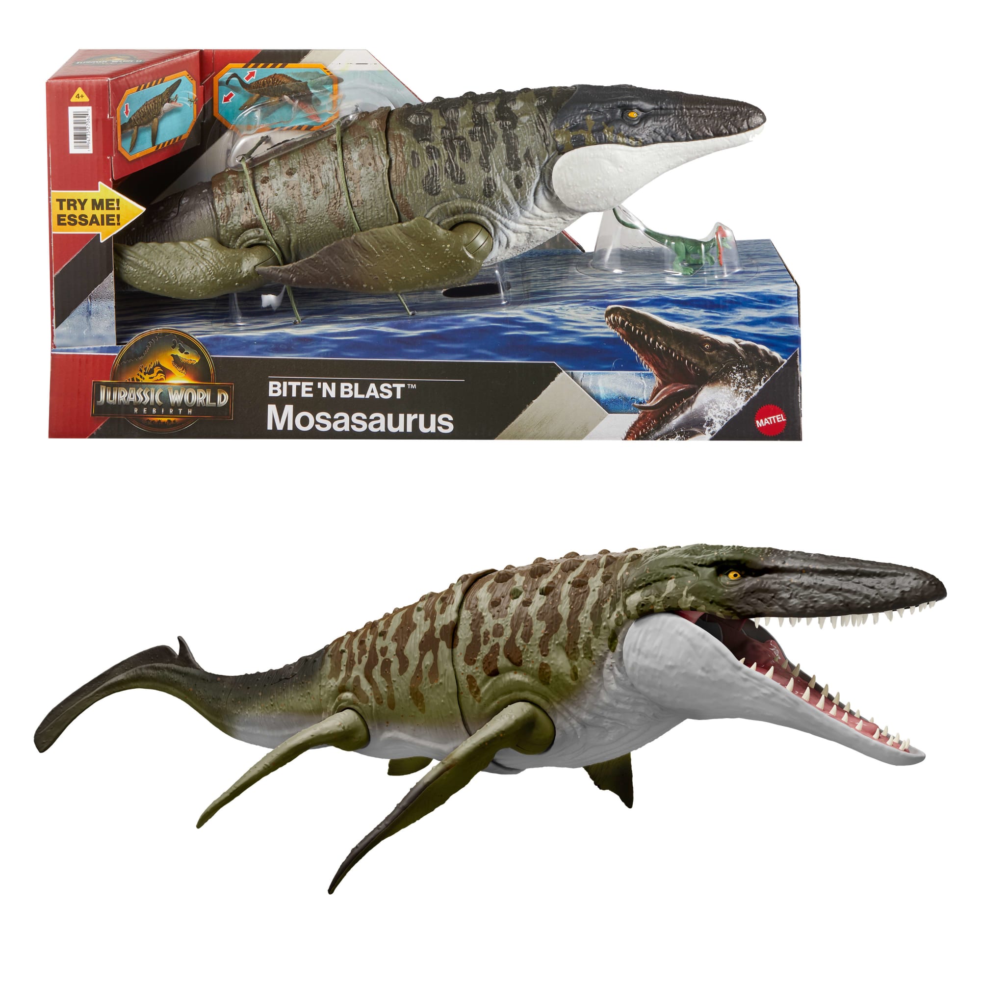 Jurassic World Rebirth Bite N Blast Mosasaurus Action Figure And Mini Dilophosaurus. Dinosaur Toy