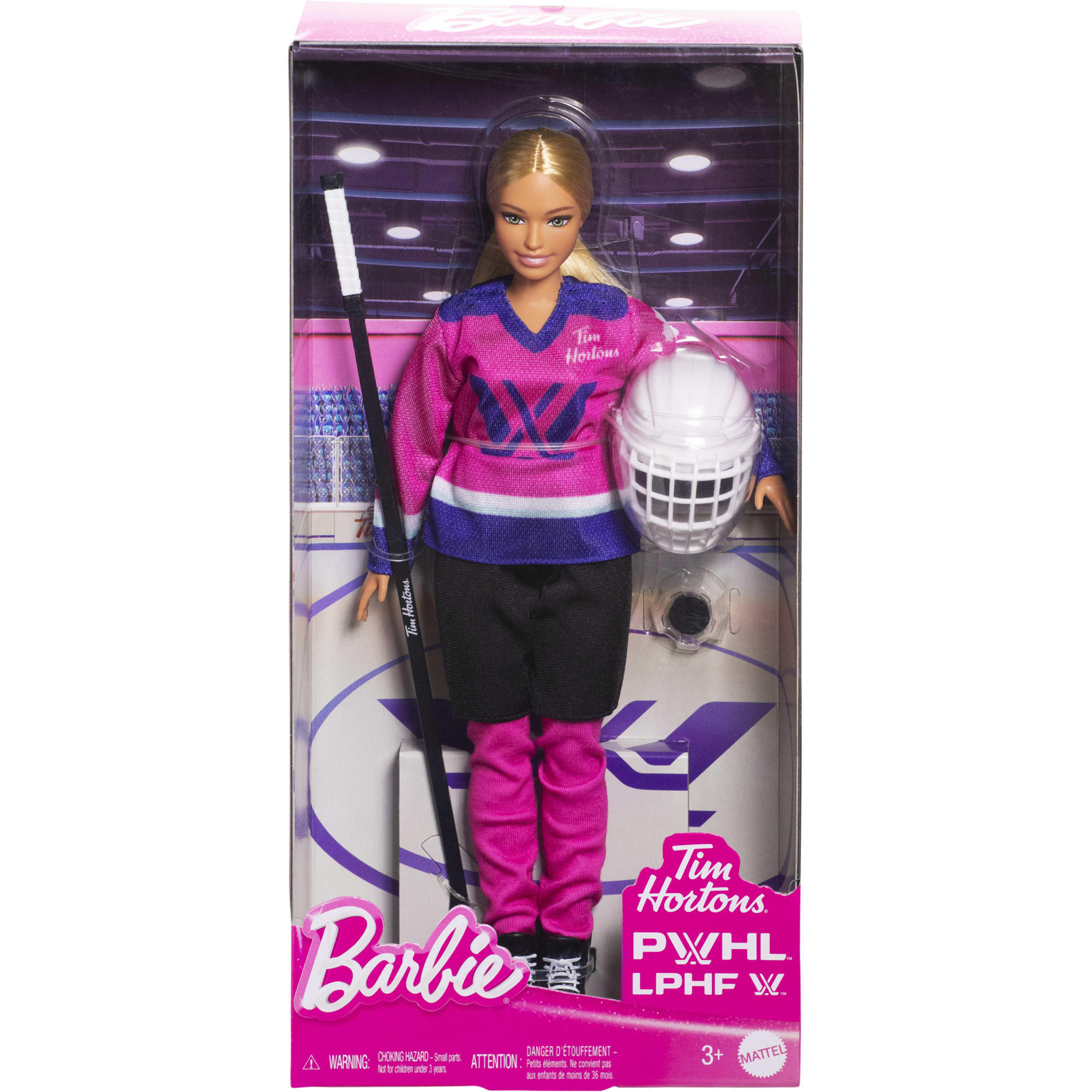 Barbie Tim Hortons PWHL Fashion Doll in Pink. Purple. & Teal Hockey Jersey. includes Hockey Accessories - Image 6