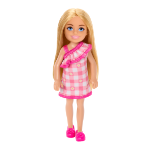 Barbie Chelsea Doll. Small Doll Wearing Removable Checked Dress With Blonde Hair & Blue Eyes