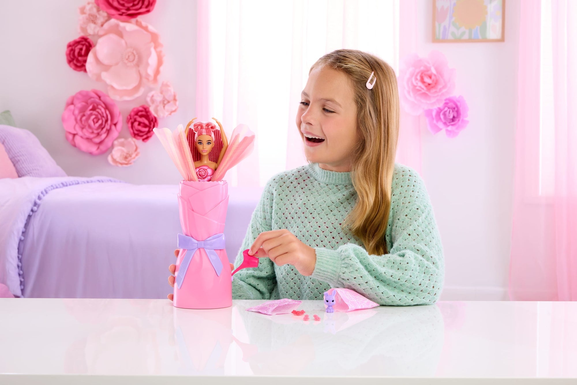 Barbie Petal Pop Scented Fashion Doll With Rose Dress. Reveal Accessories Like Bunny & More - Image 2
