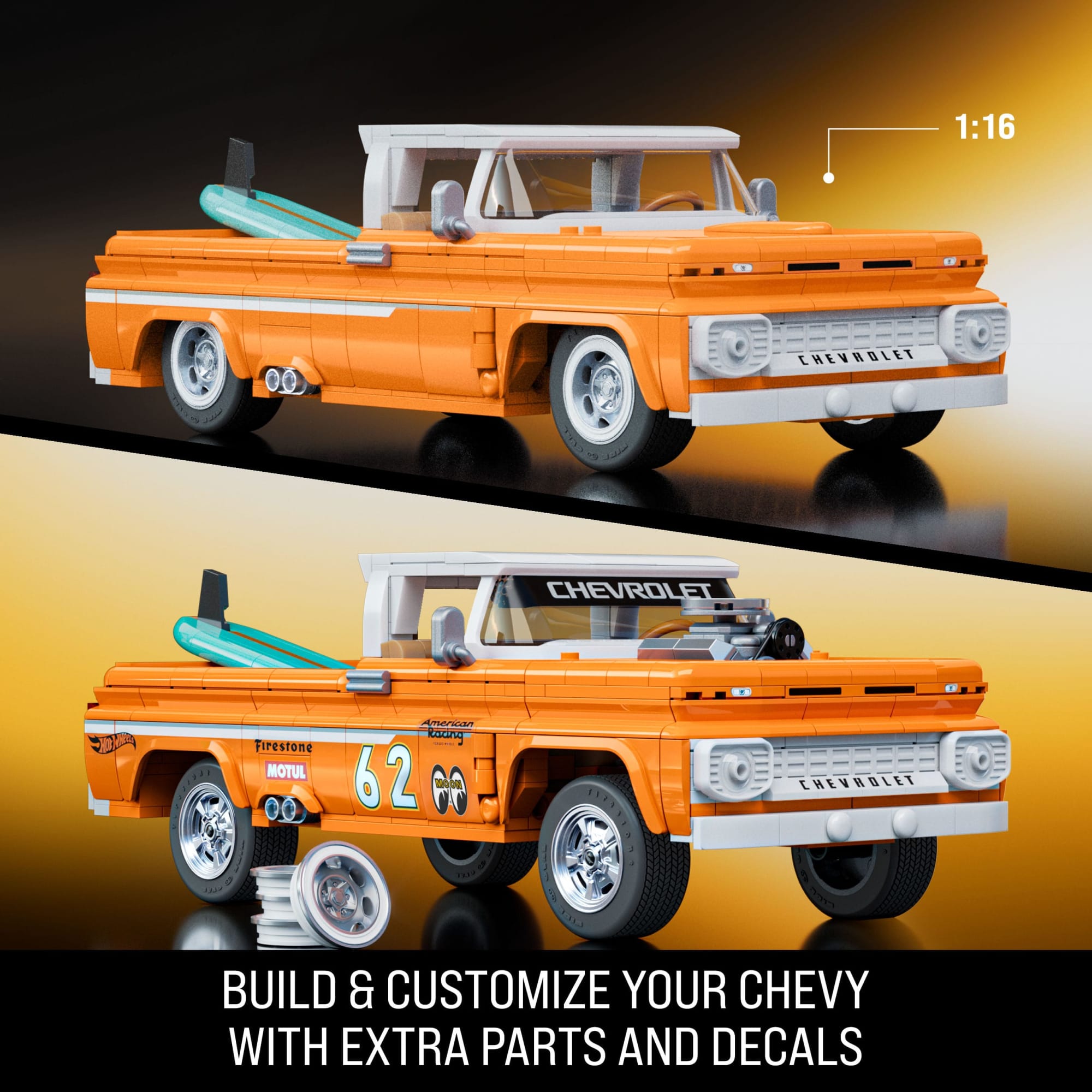 Mattel Brick Shop Hot Wheels Custom '62 Chevy Pickup Building Toy Kit (858 Pieces). For Collectors - Image 3