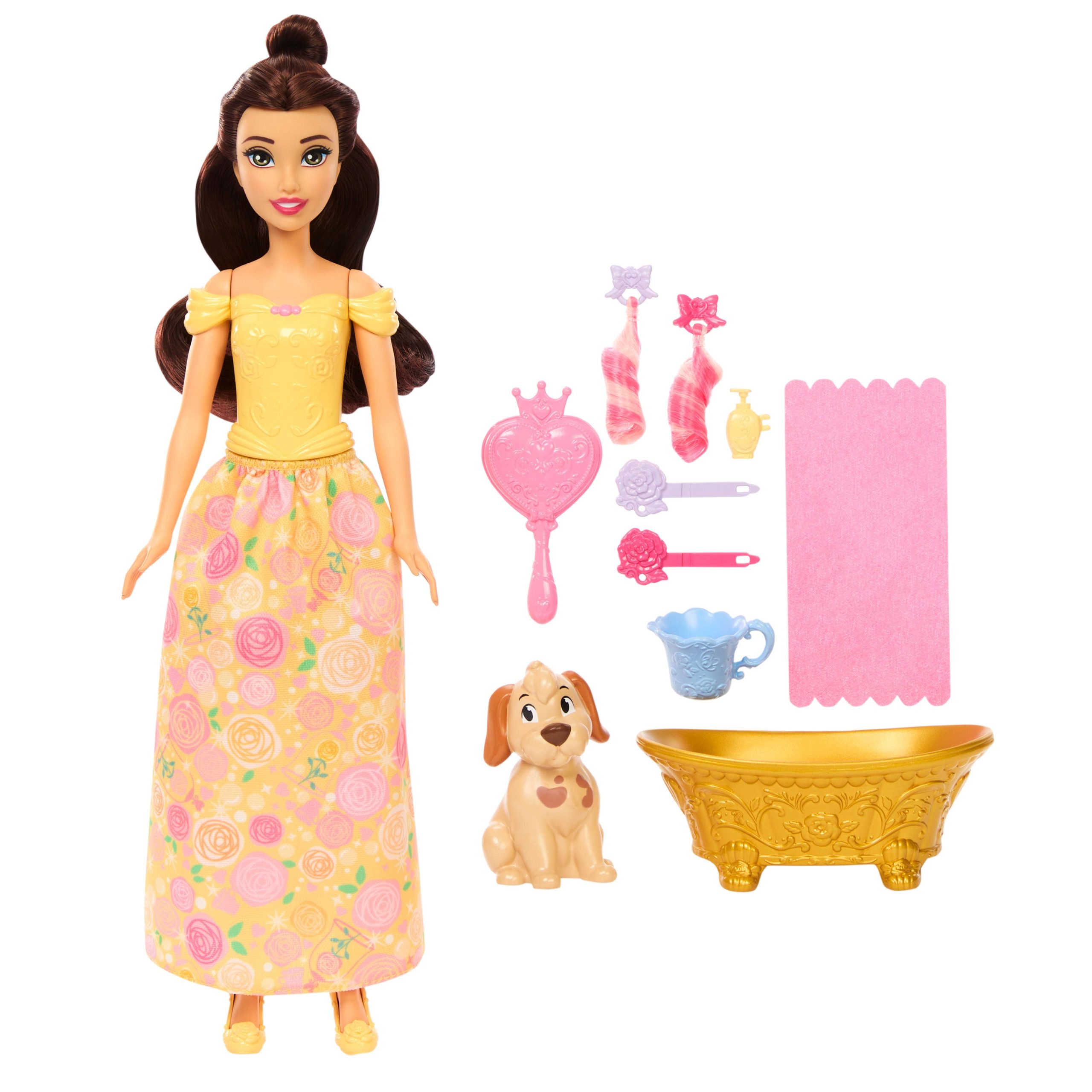 Disney Princess Bathe & Brush Belle Fashion Doll & Dog Figure With Color Change & Accessories - Image 5