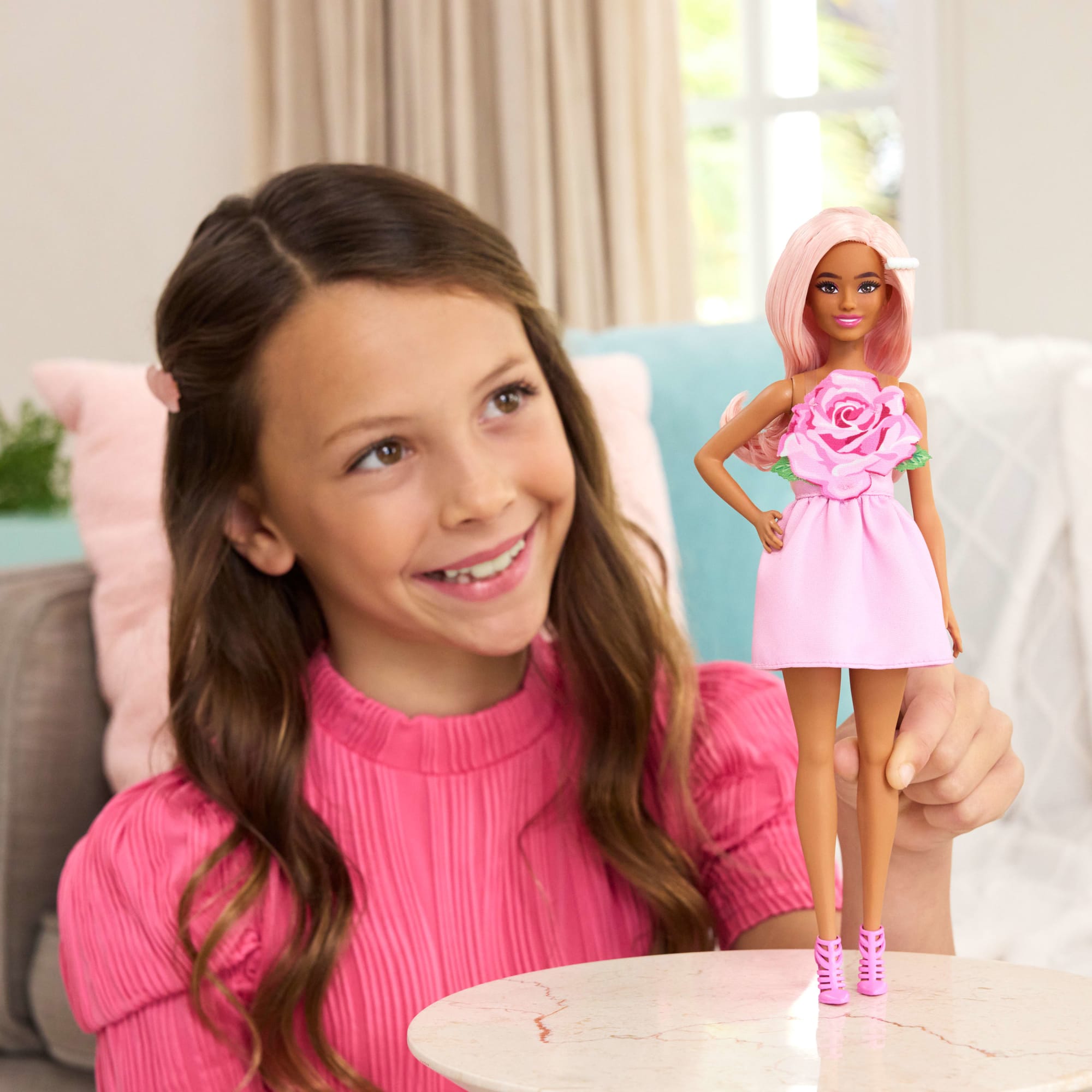 Barbie Fashionistas Doll #238 in Strapless Rose Dress. Pink Hair With Barrette Accessory - Image 2