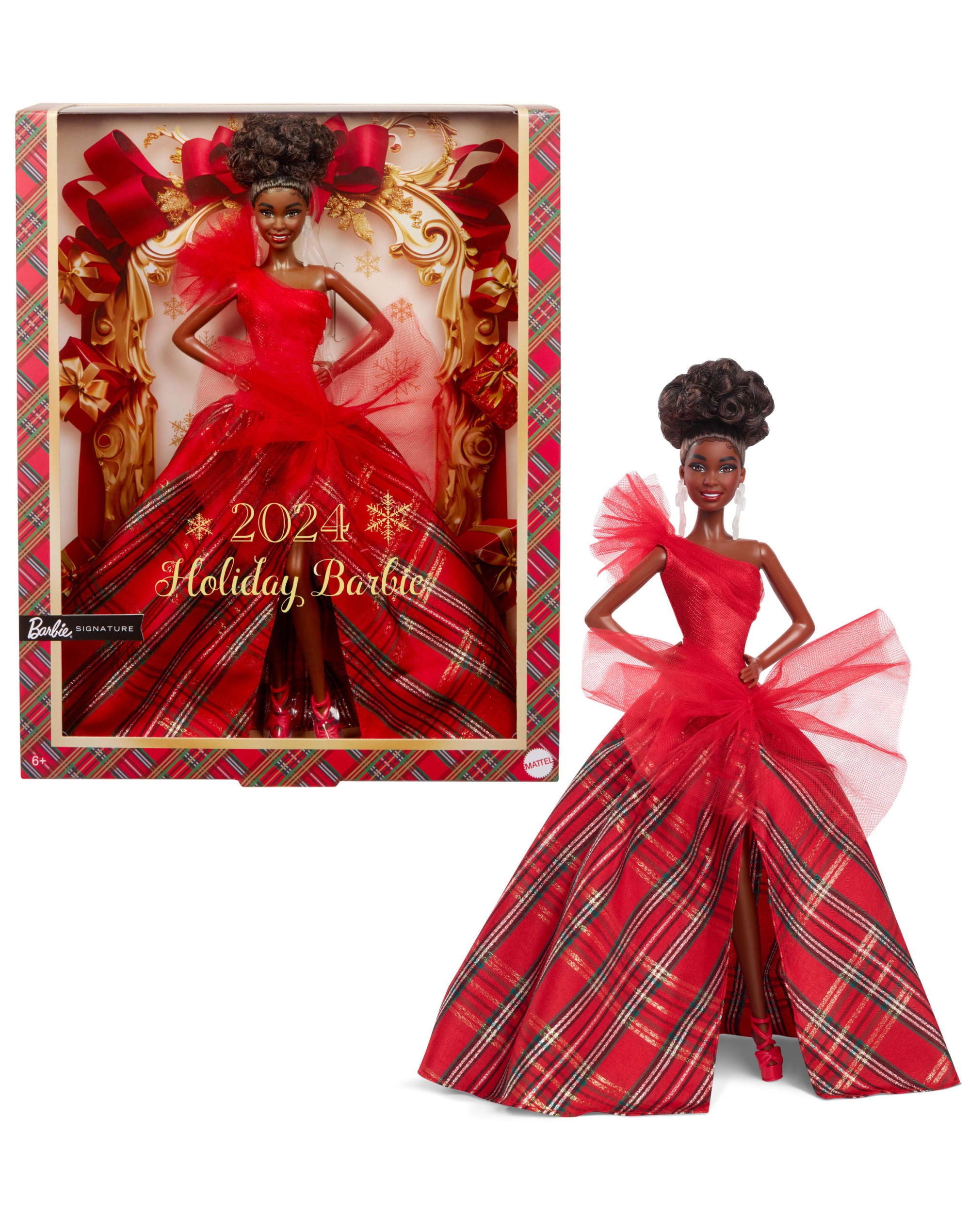 Barbie Signature 2024 Holiday Barbie Fashion Doll. Seasonal Collector Gift. Brown Hair With Plaid Gown