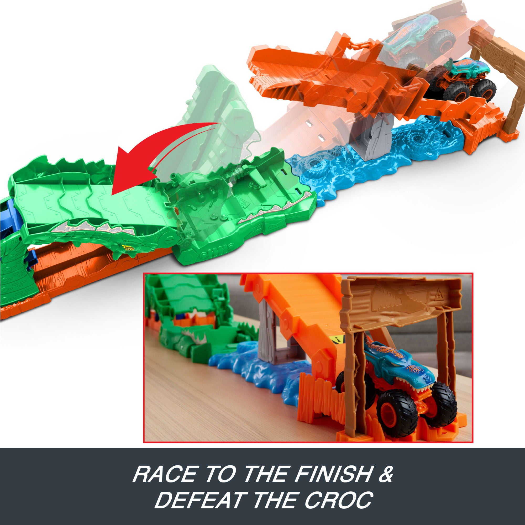 Hot Wheels Monster Trucks Crocodile Crash Challenge Playset & 1:64 Scale MEGA-Wrex Toy Vehicle - Image 4