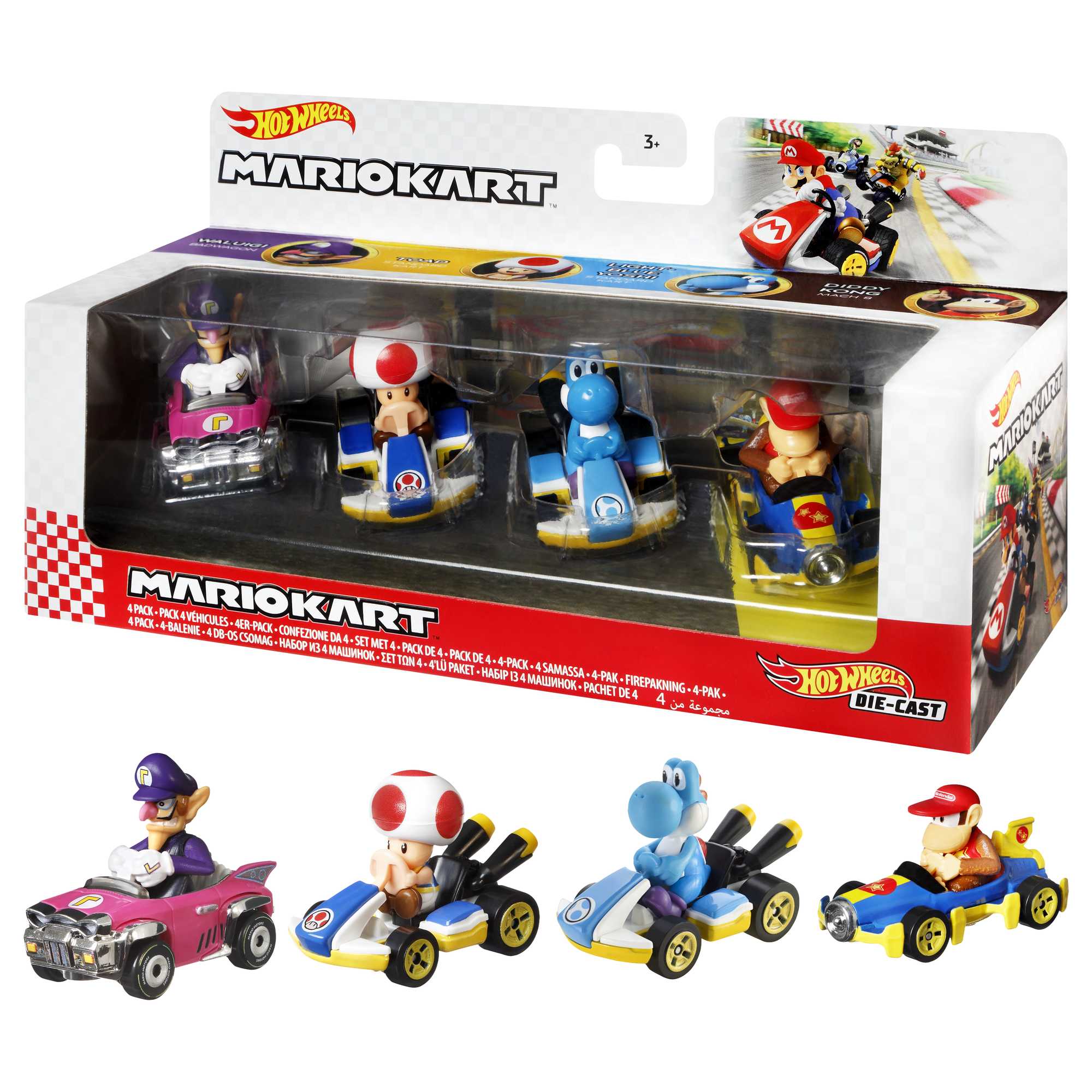 Hot Wheels Mario Kart Set Of 4 Toy Character Vehicles. Includes 1 Exclusive Mario Toy