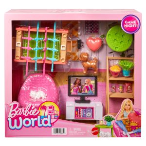 Barbie World Game Room Set With 19 Dollhouse Accessories including Furniture. Foosball Table & Pets