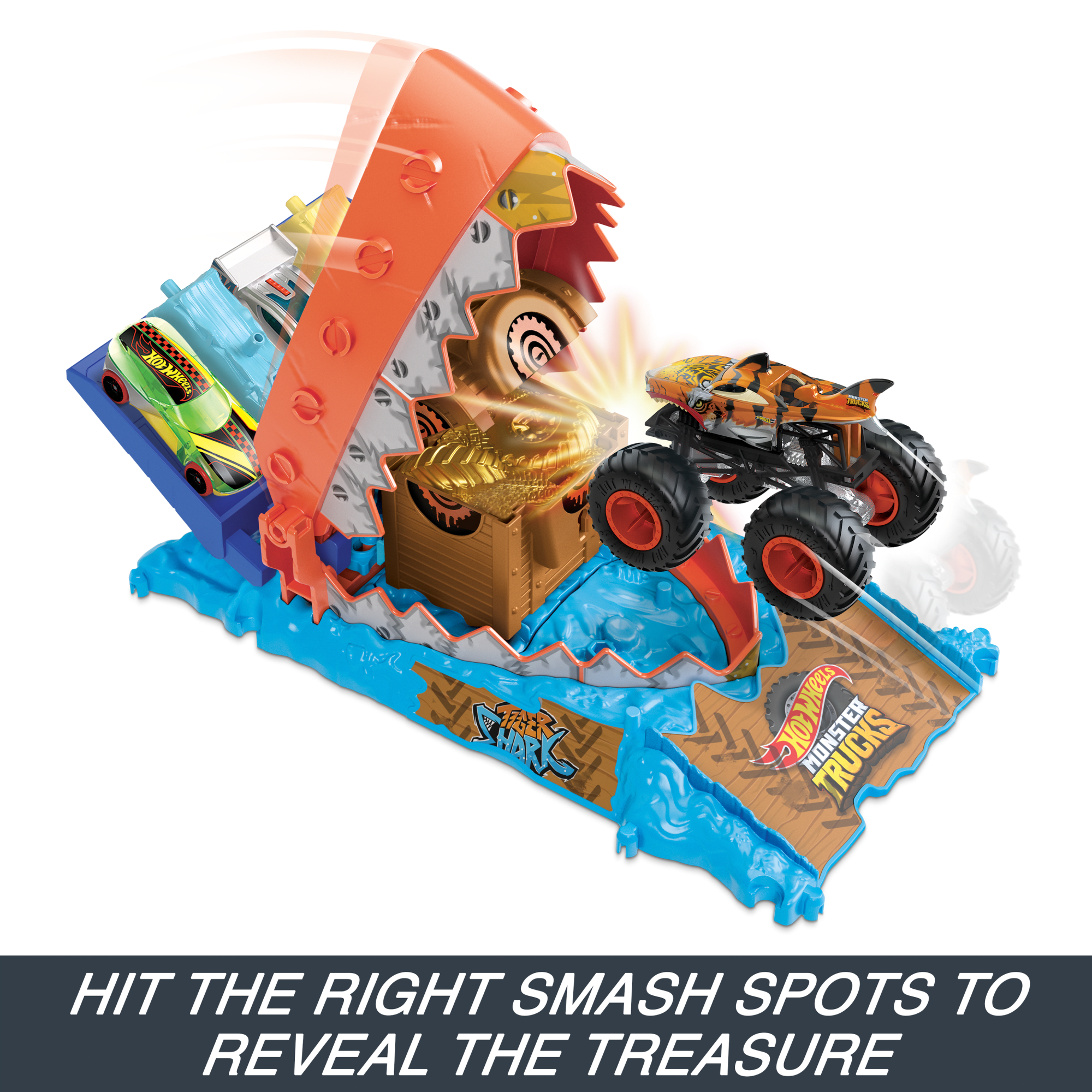 Hot Wheels Monster Trucks Arena Smashers Treasure Chomp Challenge Playset With 1:64 Scale Tiger Shark Toy Truck & Crushed Car - Image 3