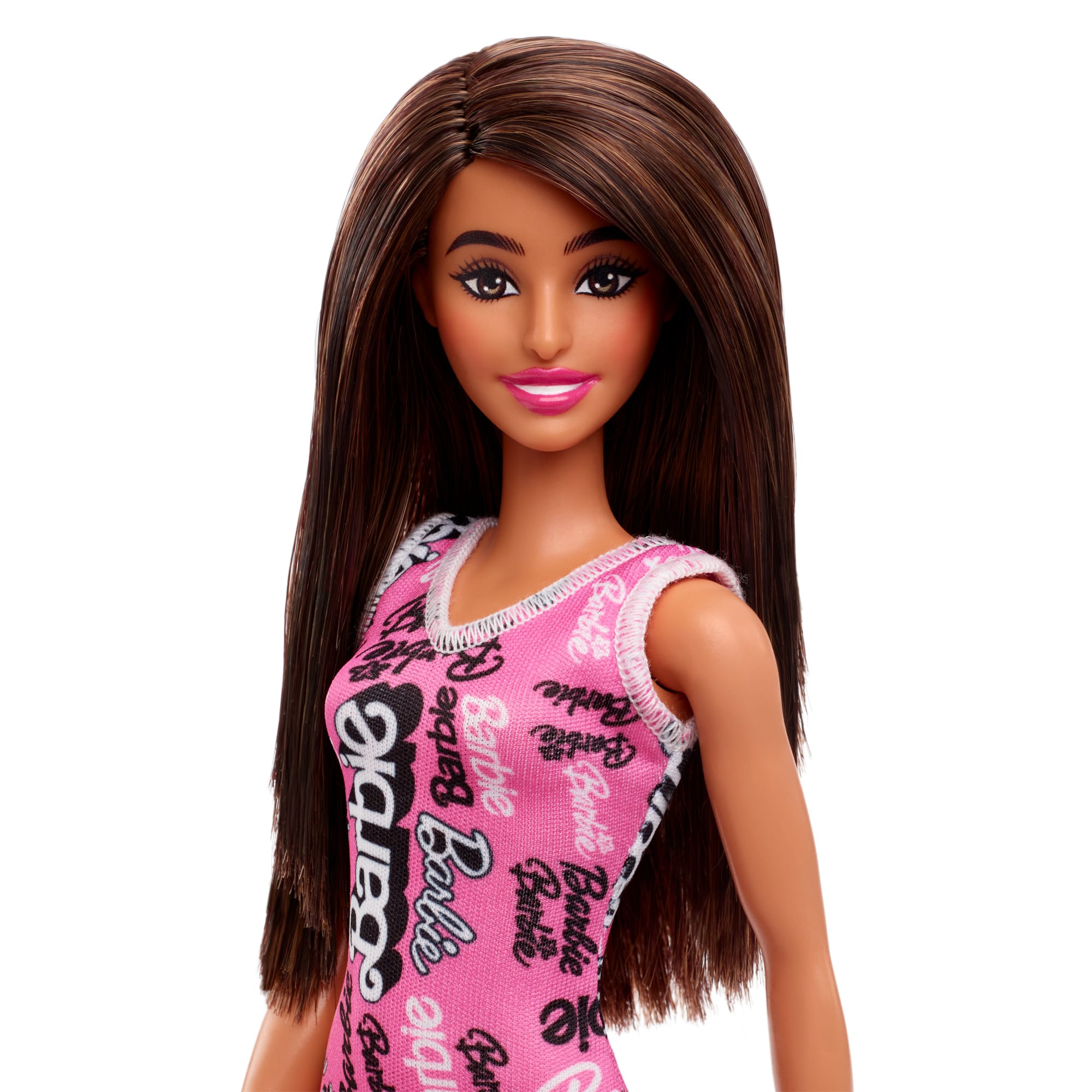 Barbie Fashion Doll With Straight Brown Hair Wearing Removable Pink Dress With Logo Print & Shoes - Image 2