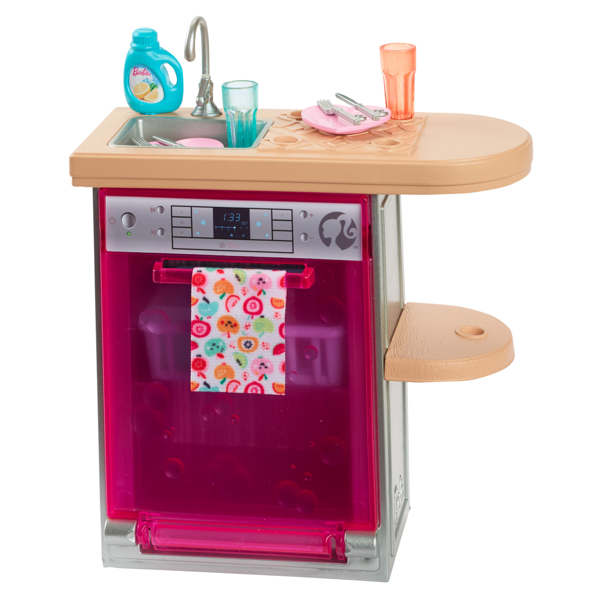 Barbie World Toy Dishwasher Set With 9 Dollhouse Kitchen Accessories Including Plates. Drying Rack. & More