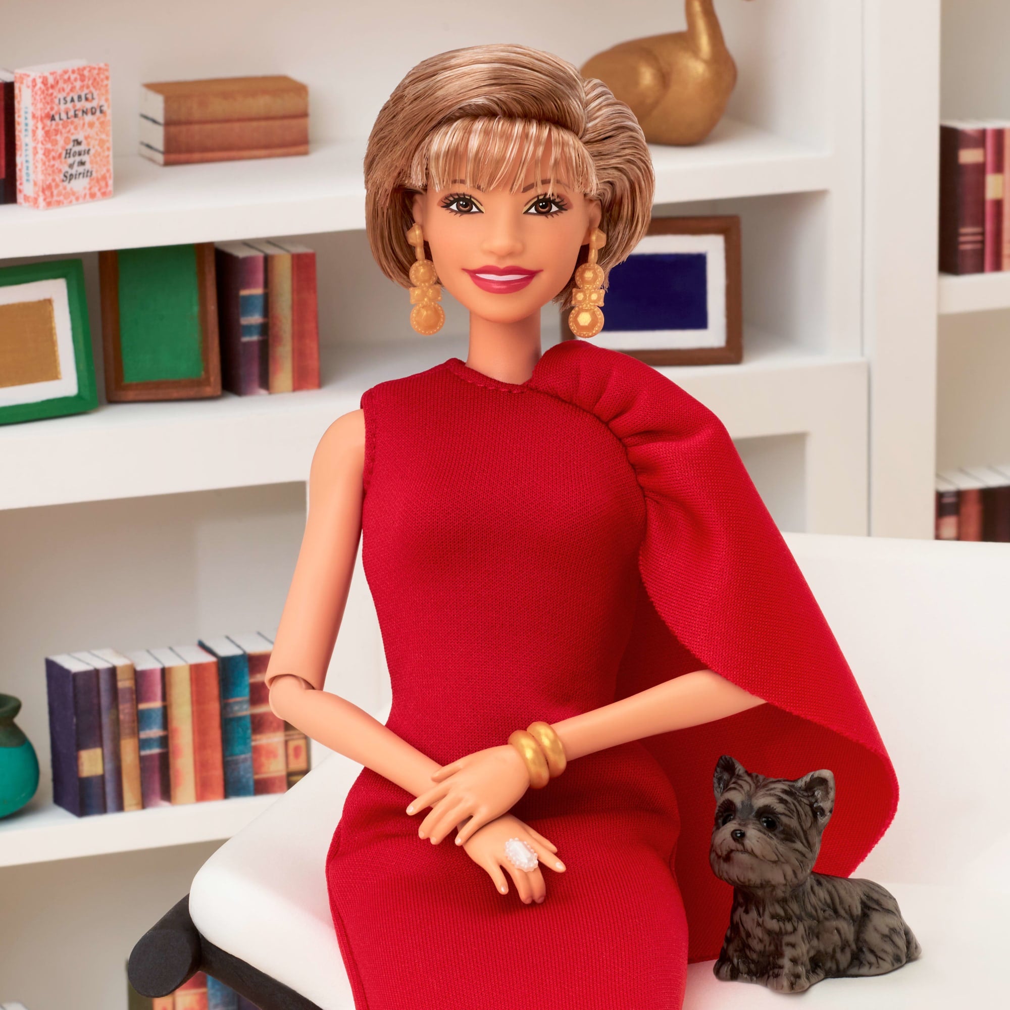 Barbie inspiring Women Collectible Doll. Isabel Allende in Red Dress & Book Accessory & Pet - Image 4