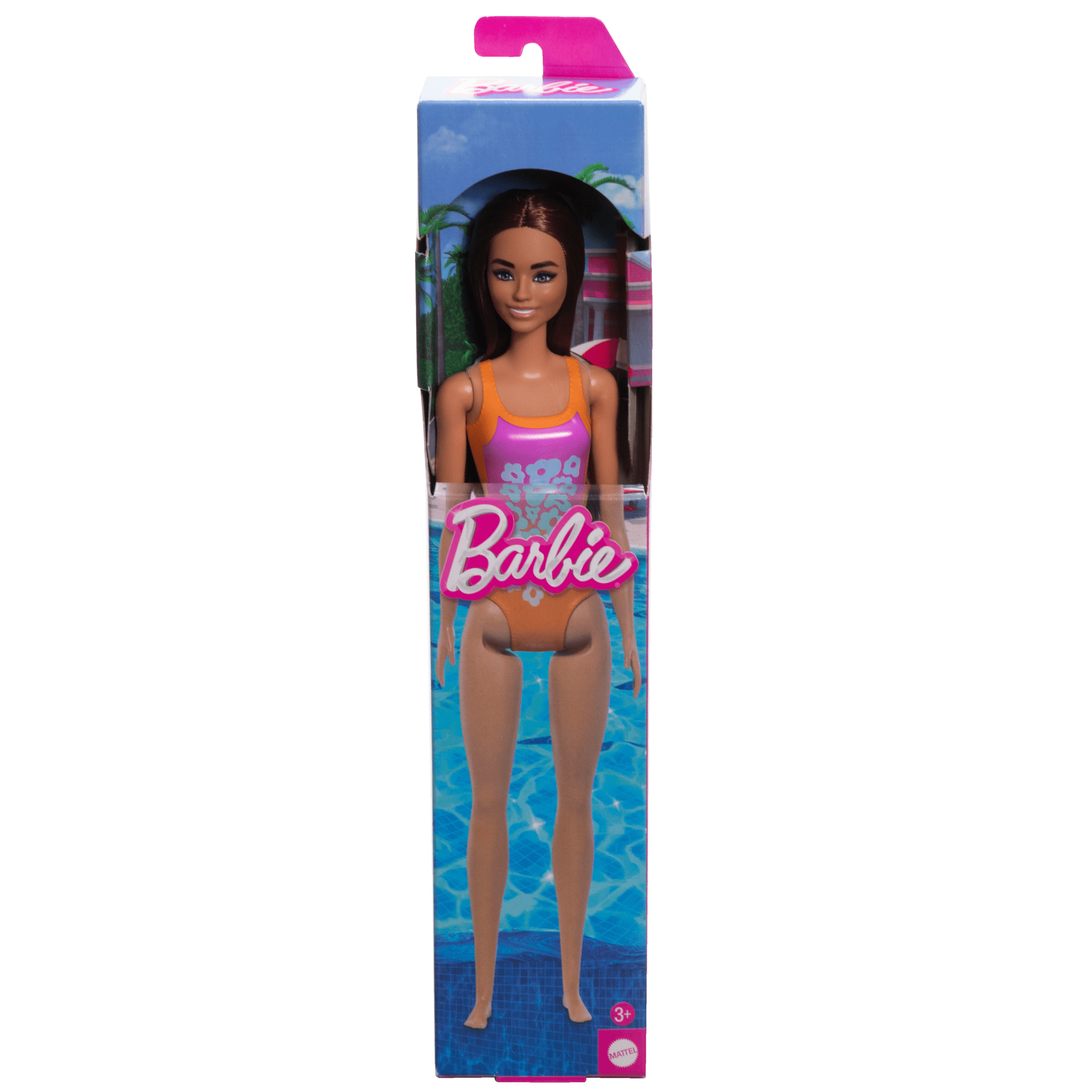 Barbie Poupée Plage Cheveux Brun Clair. Maillot Rose et Orange
