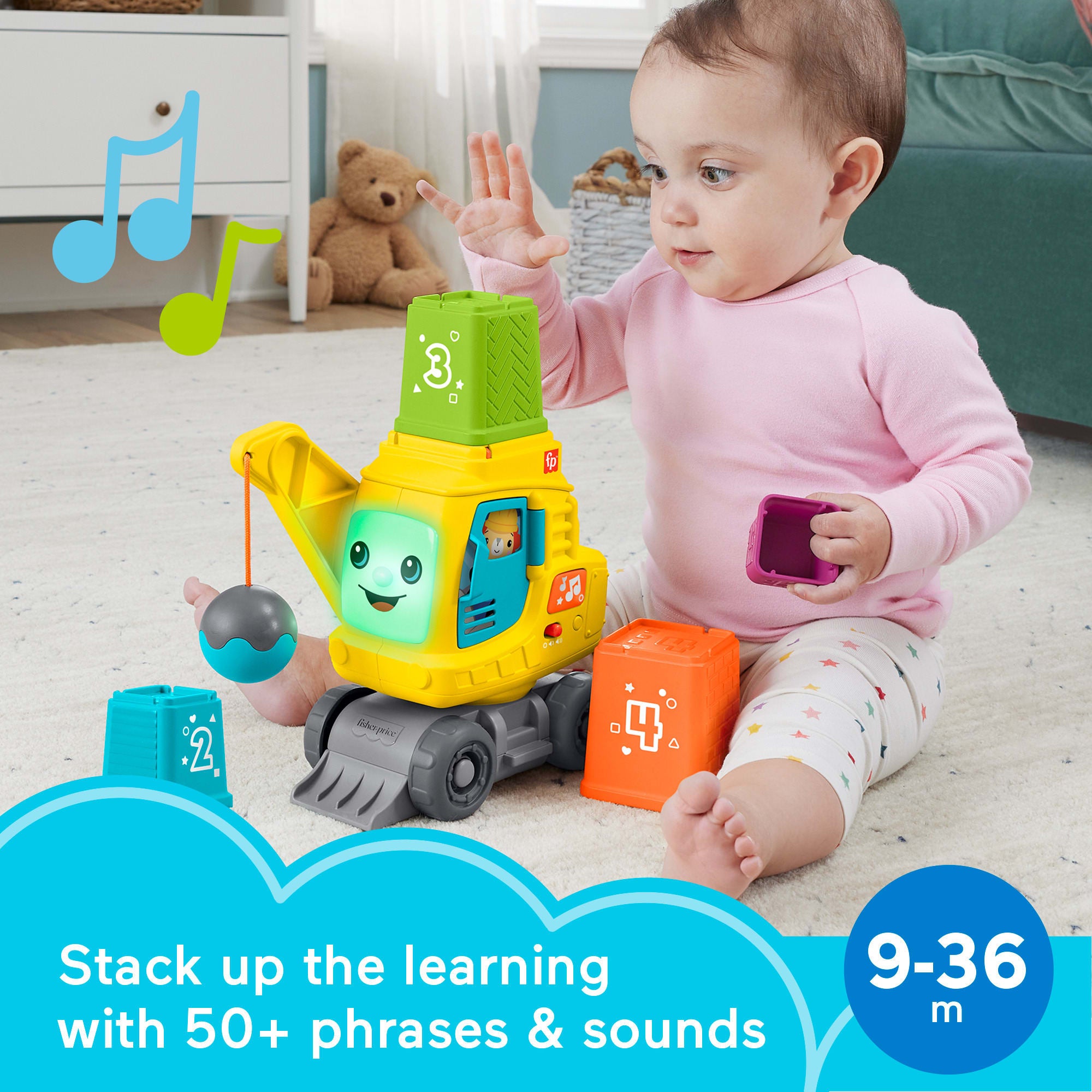 Fisher-Price Count & Stack Crane Baby & Toddler Learning Toy With Blocks. Lights & Sounds - Image 2