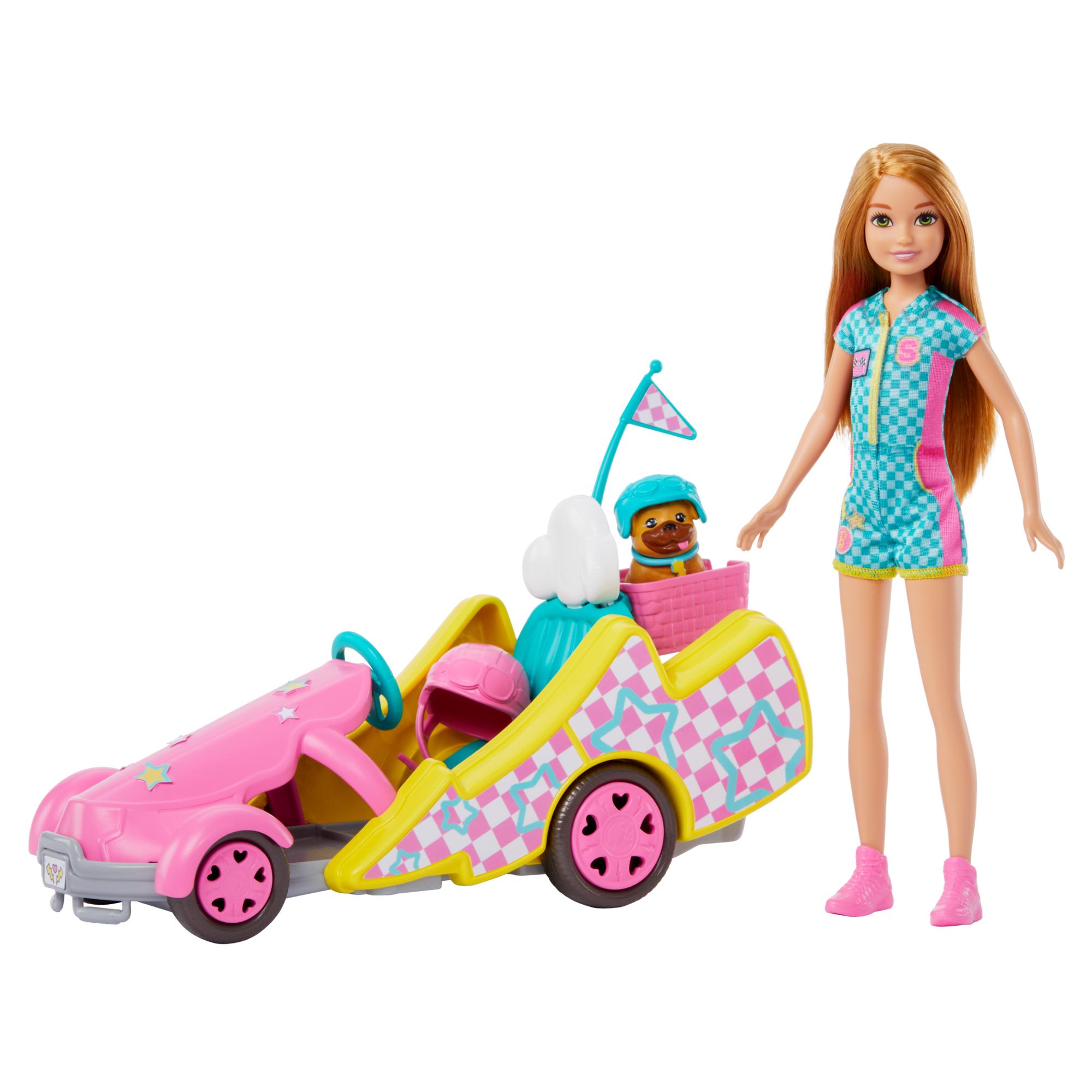 Barbie-Poupée Stacie Karting. Avec Kart. Chien et Accessoires