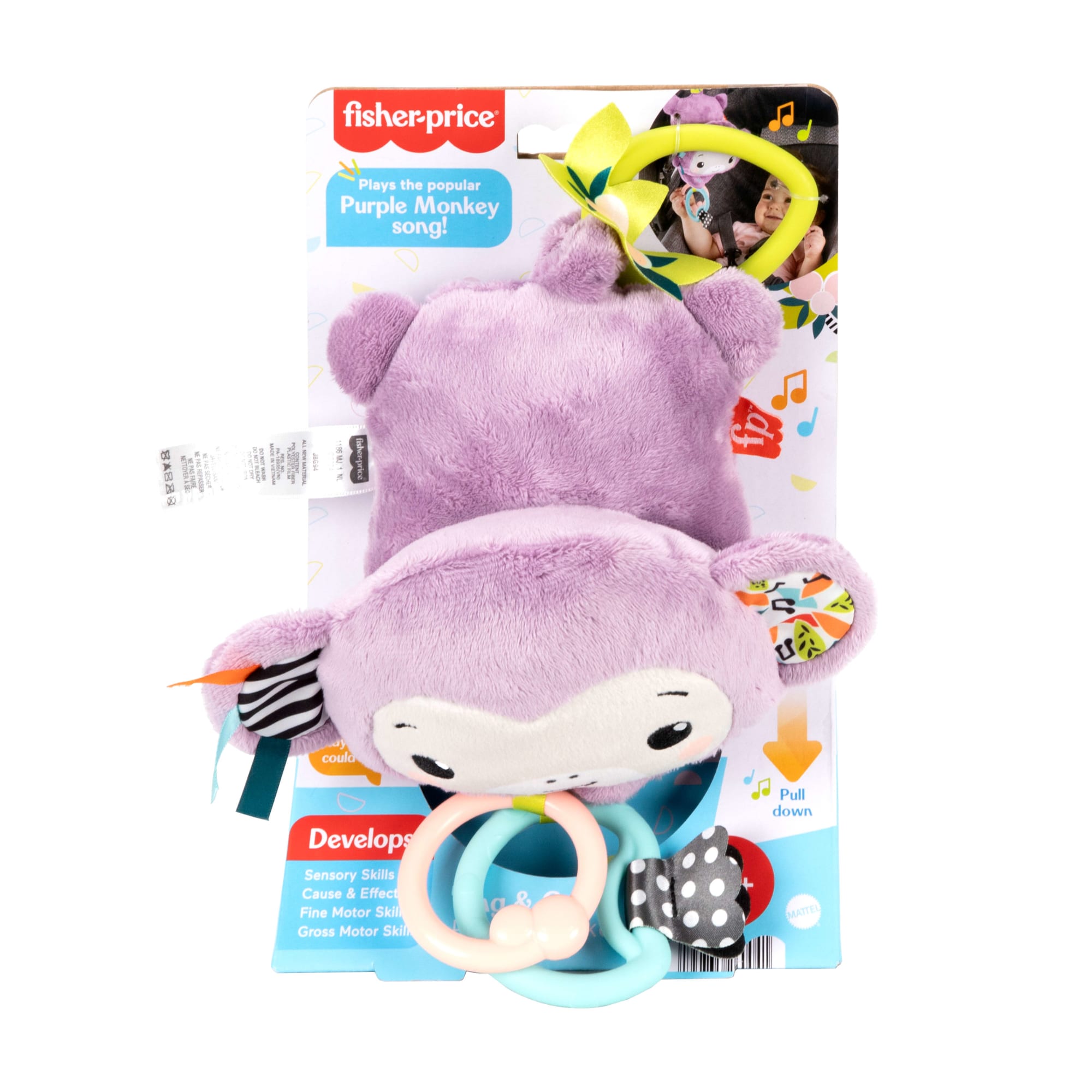 Fisher-Price Sing & Go Purple Monkey Plush Baby Stroller Sensory Toy For Newborns - Image 6