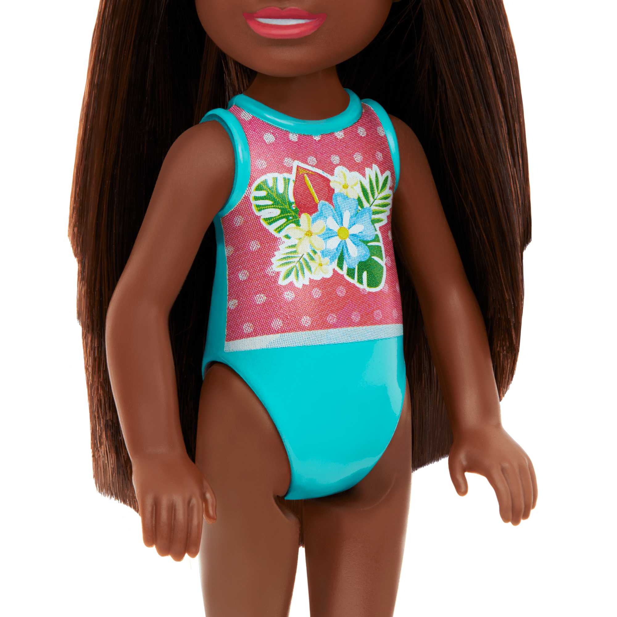 Barbie Chelsea Small Doll With Beach Swimsuit. Polka Dot & Floral Print. Brown Hair & Brown Eyes - Image 3
