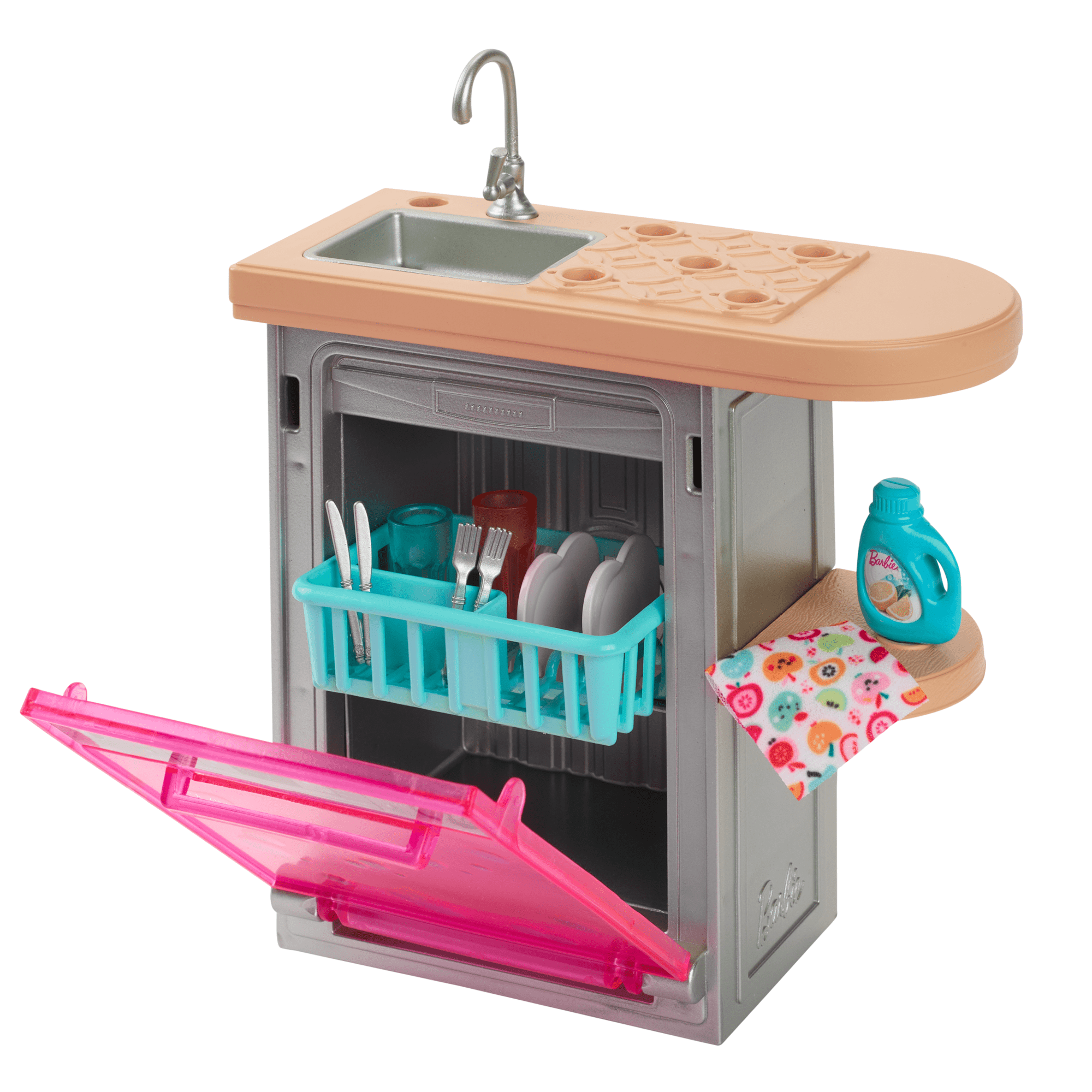 Barbie World Toy Dishwasher Set With 9 Dollhouse Kitchen Accessories Including Plates. Drying Rack. & More - Image 3