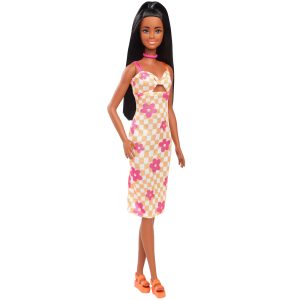 Barbie Fashionistas Doll #233 in Checkered Flower Midi Dress. Black Hair