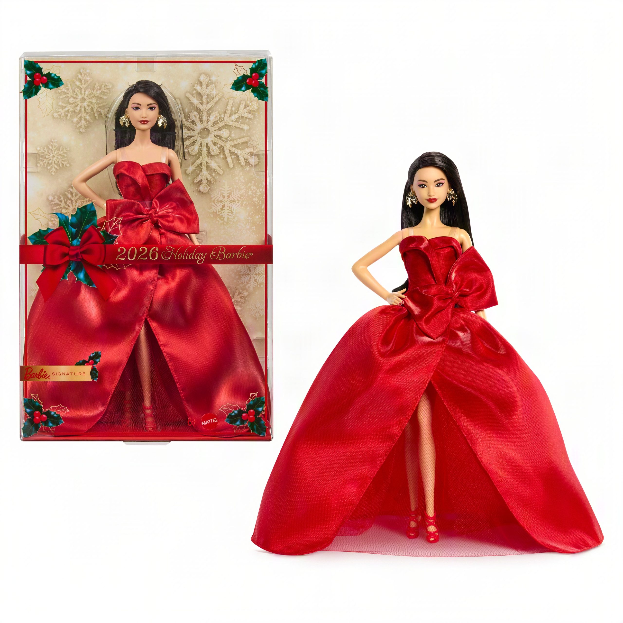 Barbie Signature 2026 Holiday Barbie Fashion Doll. Seasonal Collector. Dark Brown Hair With Red Gown With Bow Detail