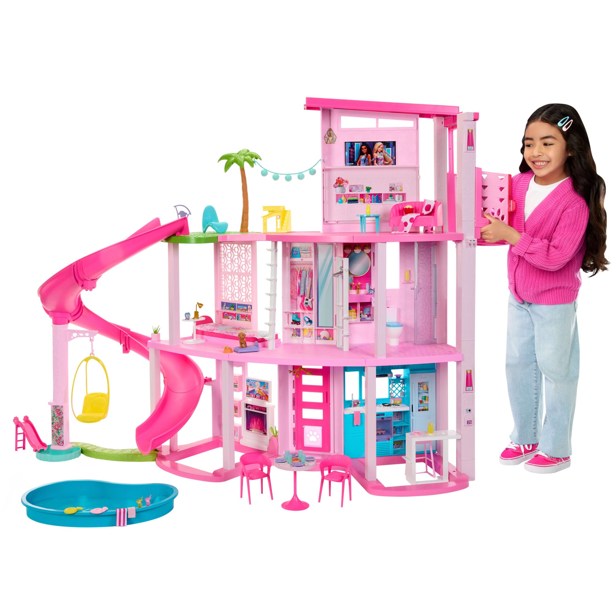 Barbie Dreamhouse. 75+ Pieces. Pool Party Doll House With 3 Story Slide