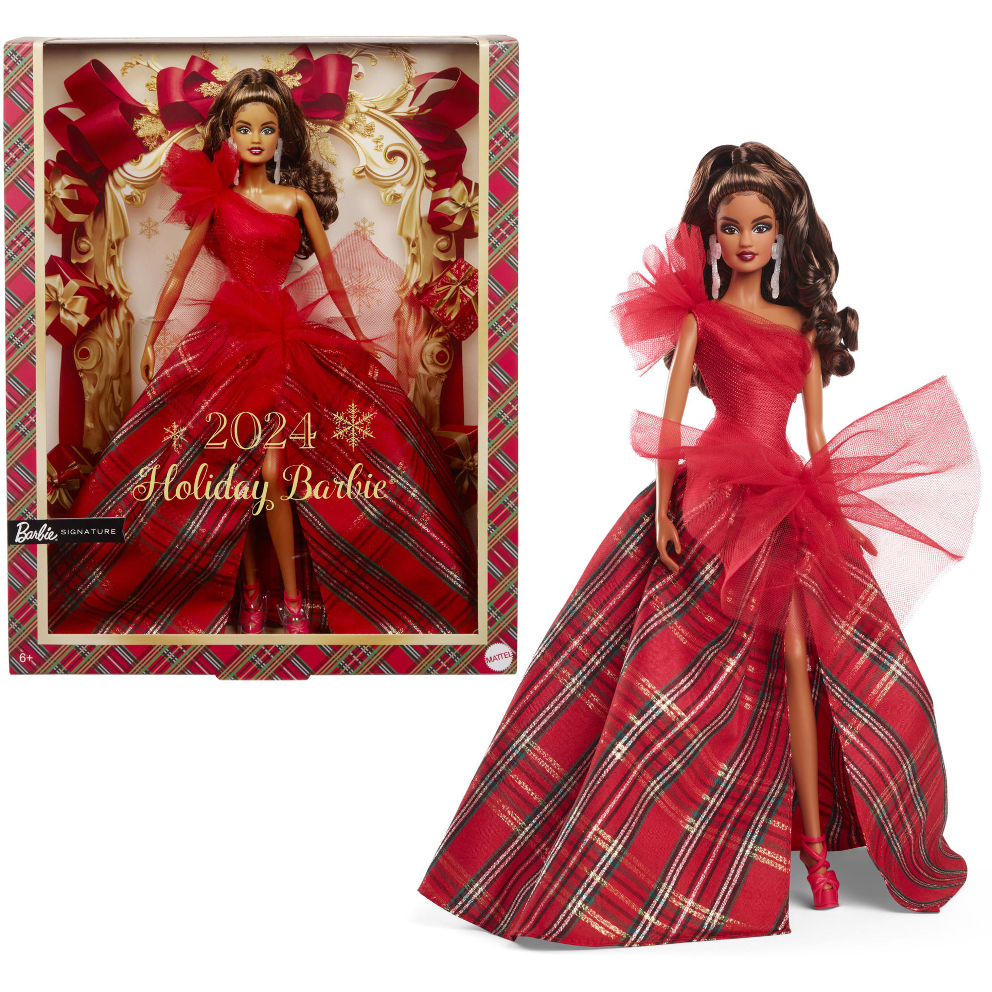 Barbie 2024 Holiday Barbie Dolls. Seasonal Collector Gift. Barbie Signature. Plaid Gown With Red Bow
