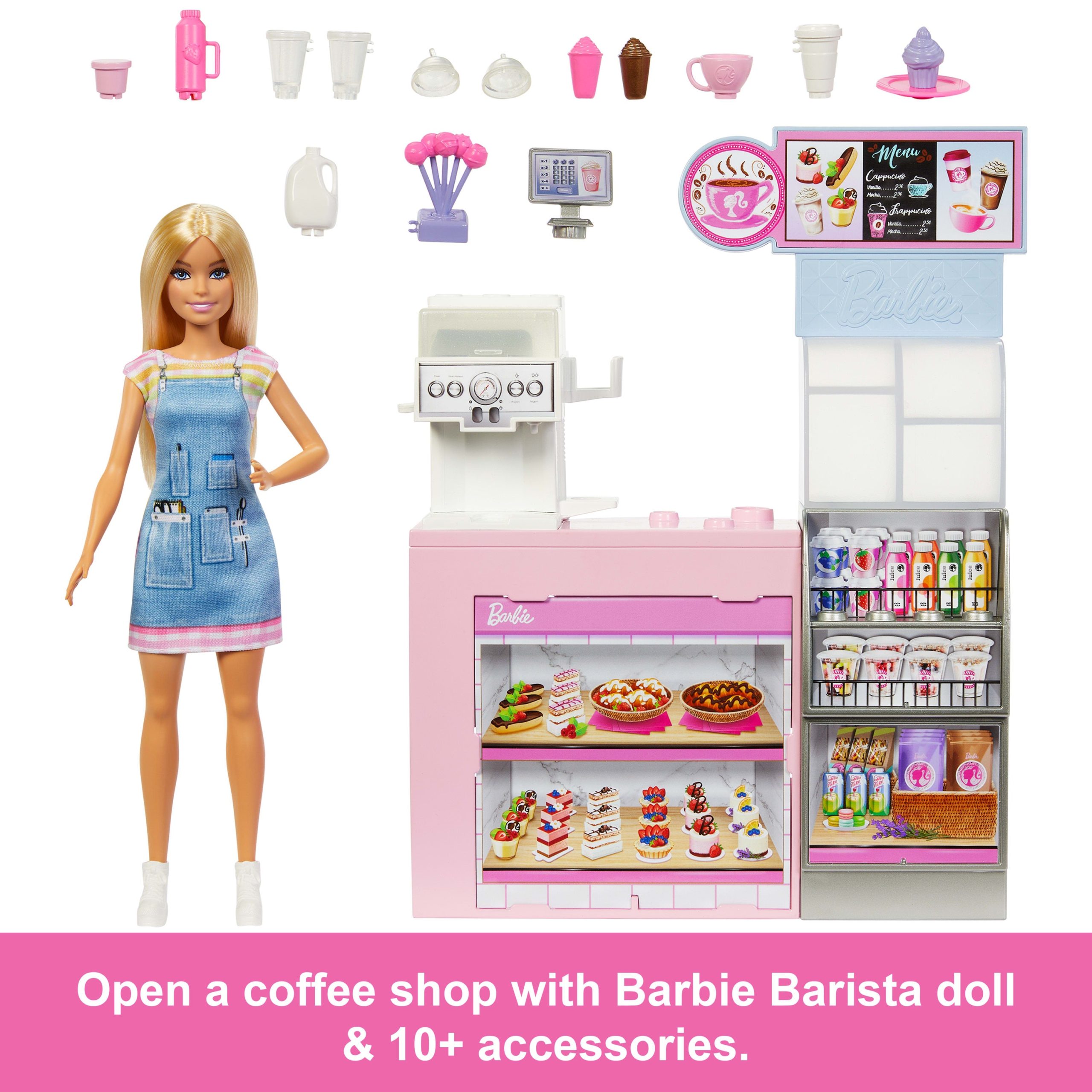 Barbie Coffee Shop Playset With Blonde Barista Doll. Working Coffee Maker & 10+ Accessories - Image 2