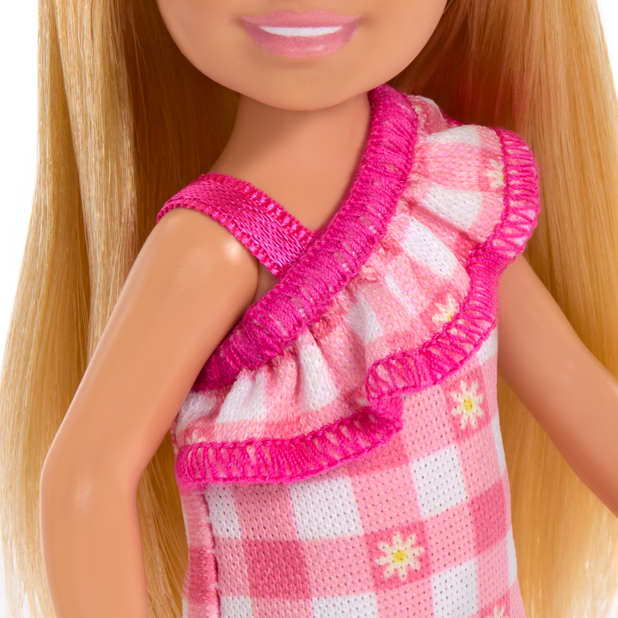 Barbie Chelsea Doll. Small Doll Wearing Removable Checked Dress With Blonde Hair & Blue Eyes - Image 3