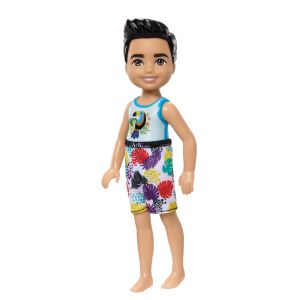 Barbie Chelsea Small Doll With Beach Swimsuit. Toucan & Tropical Leaf Print. Black Hair & Brown Eyes