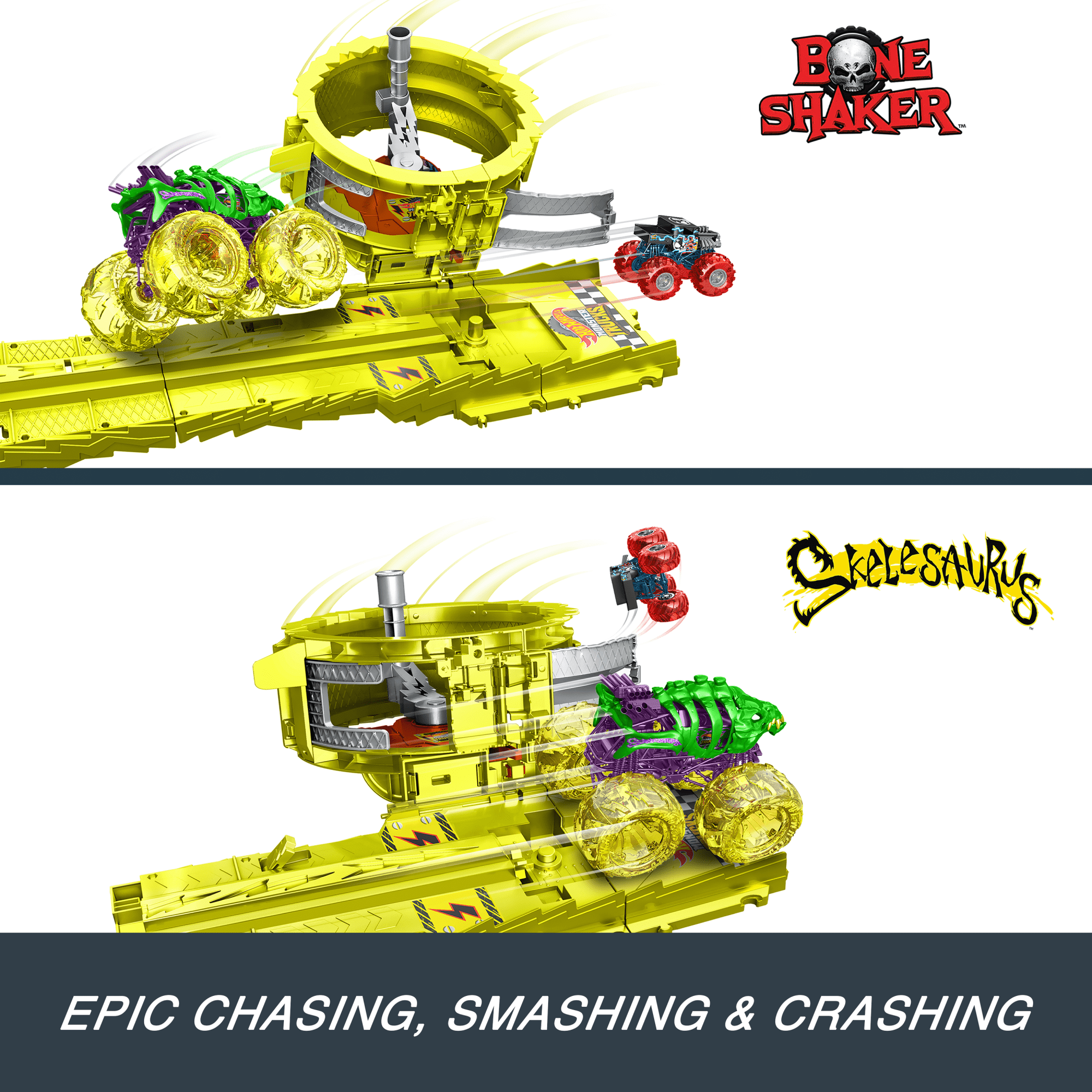 Hot Wheels Monster Trucks Power Smashers Charge & Chase Challenge Track Set With Oversized Skelesaurus. 1:64 Scale Bone Shaker & 2 Crushed Cars - Image 5