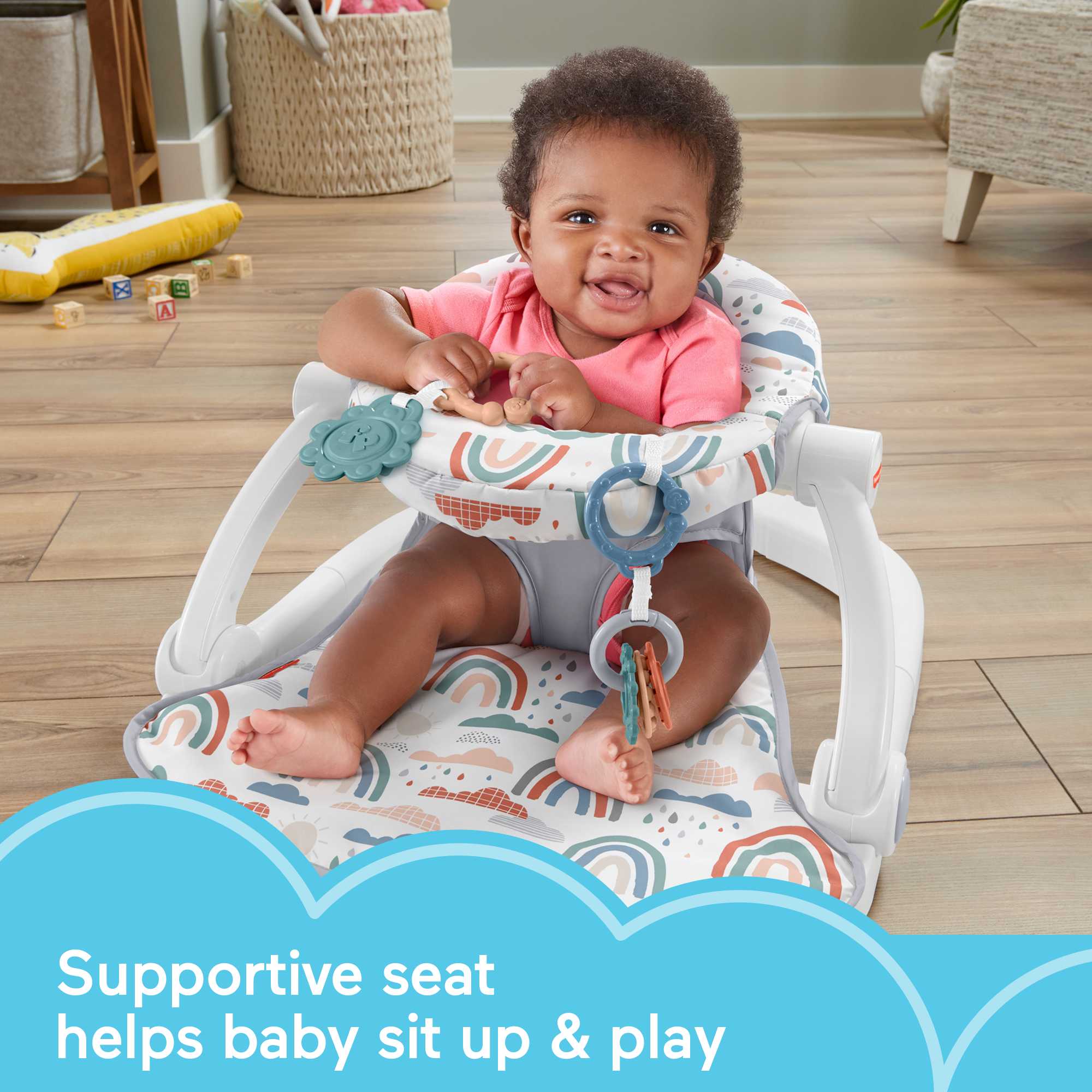 Fisher-Price Sit-Me-Up Floor Seat Portable Baby Chair With Toys. Rainbow Showers - Image 2